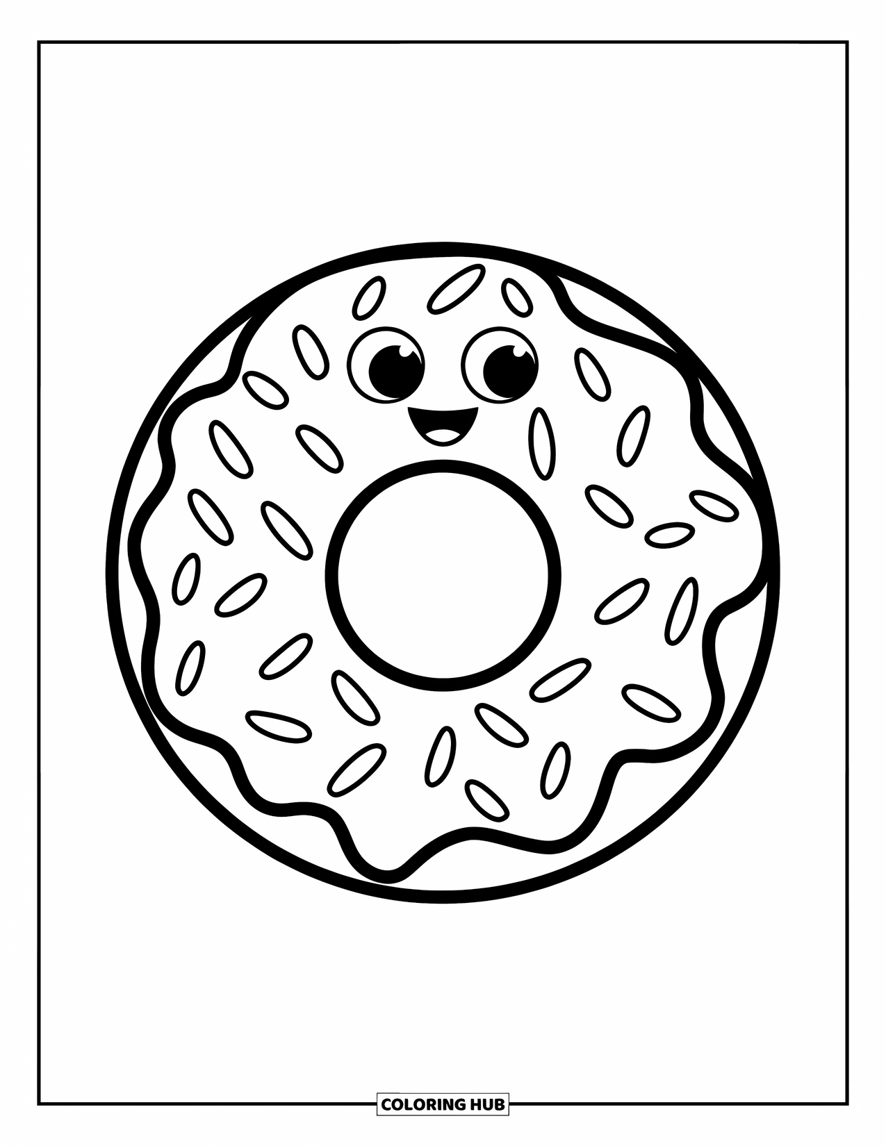 Donut Kleurplaat voor Kinderen: Een vrolijke donut met spikkels en een vrolijk gezicht, klaar om in te kleuren