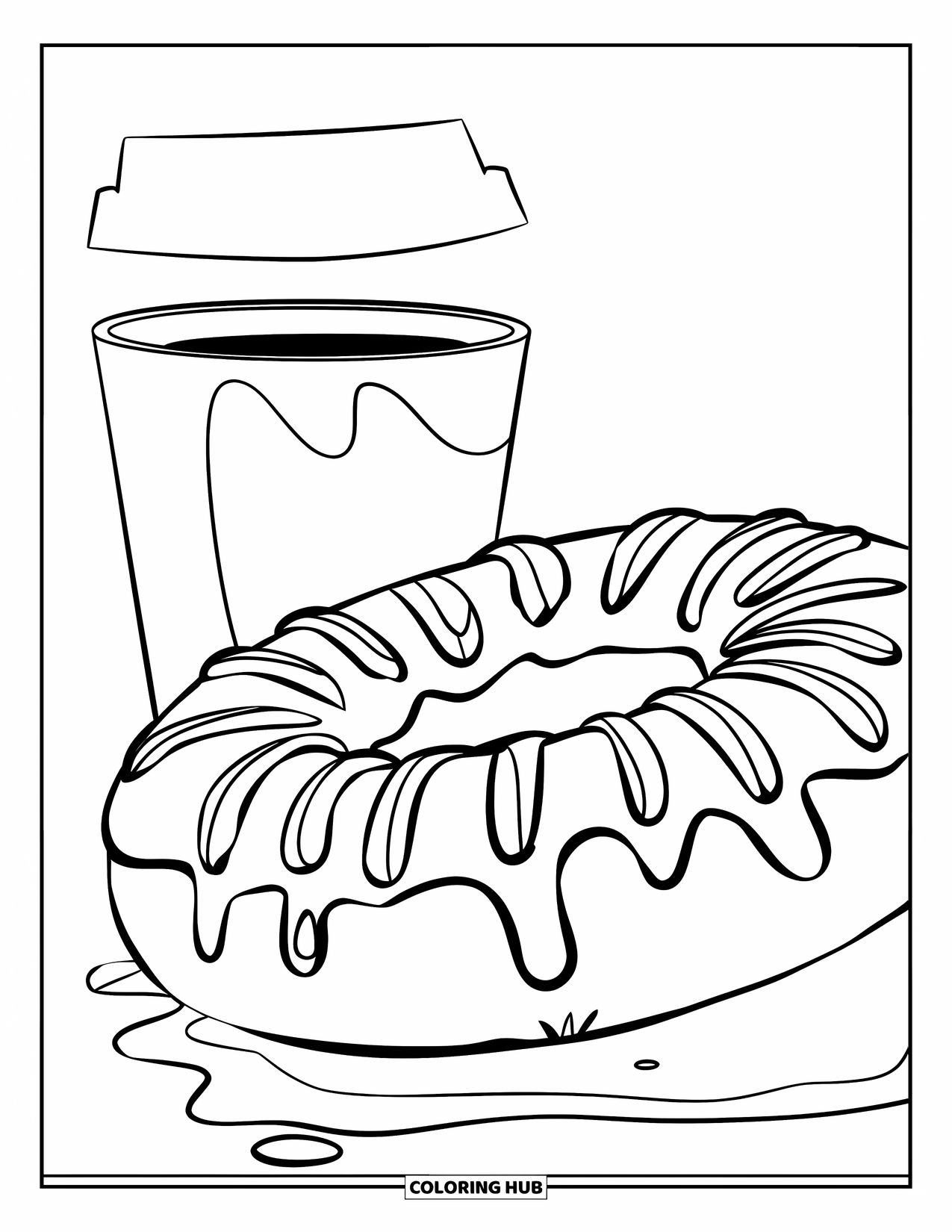 Donut Kleurplaat voor Kinderen: Een close-up van een donut met druipende glazuur en een koffiekop op de achtergrond