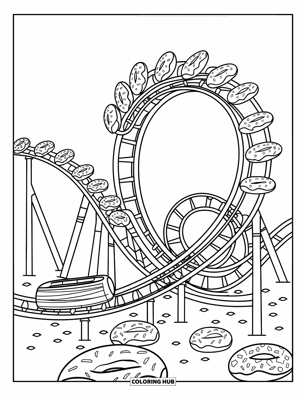 Donut Kleurplaat voor Kinderen: Een donut-achtbaan met donuts op rails, met lussen en wendingen om in te kleuren