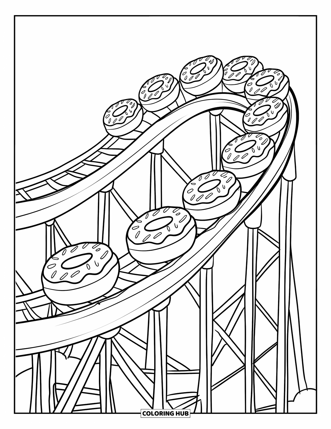 Donut Kleurplaat voor Kinderen: Een donut-achtbaan met spikkels op de rails en leuke wendingen om in te kleuren
