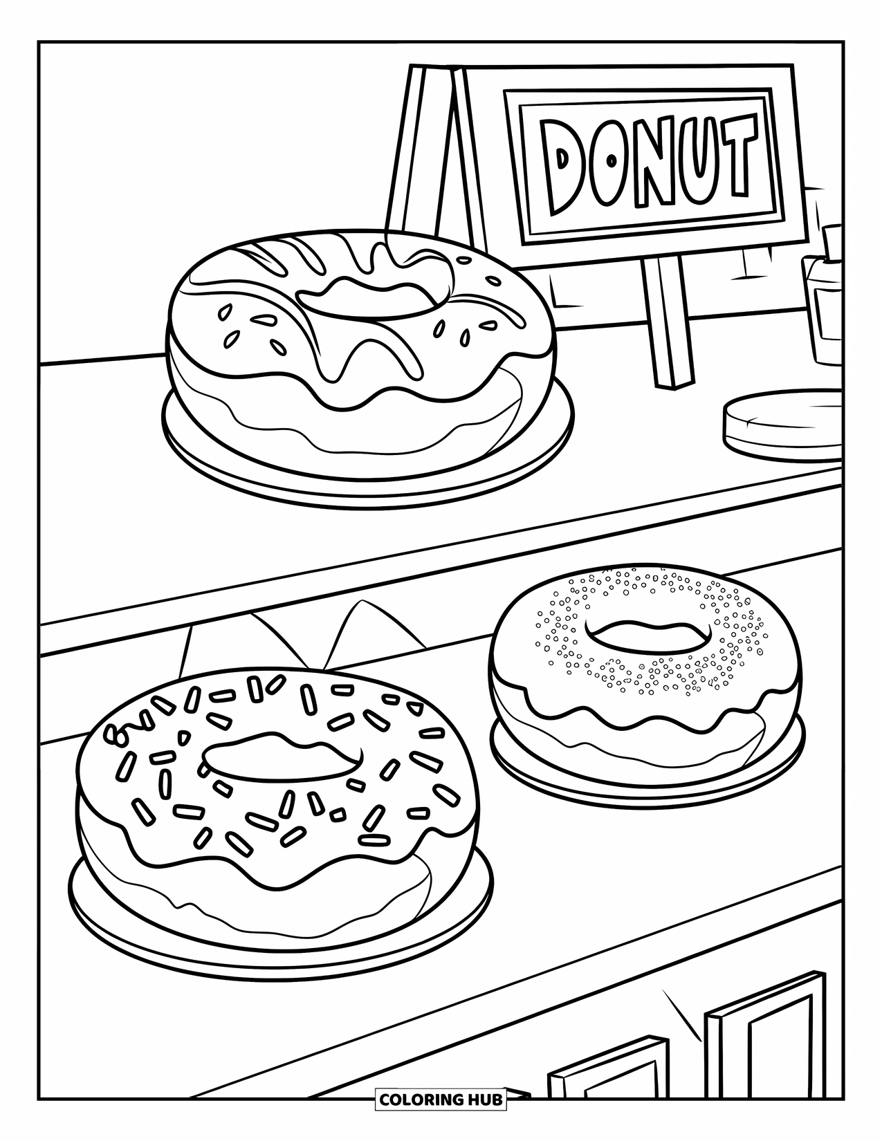 Donut Kleurplaat voor Kinderen: Een donutwinkelscène met drie donuts, elk versierd met glazuur, spikkels of vulling