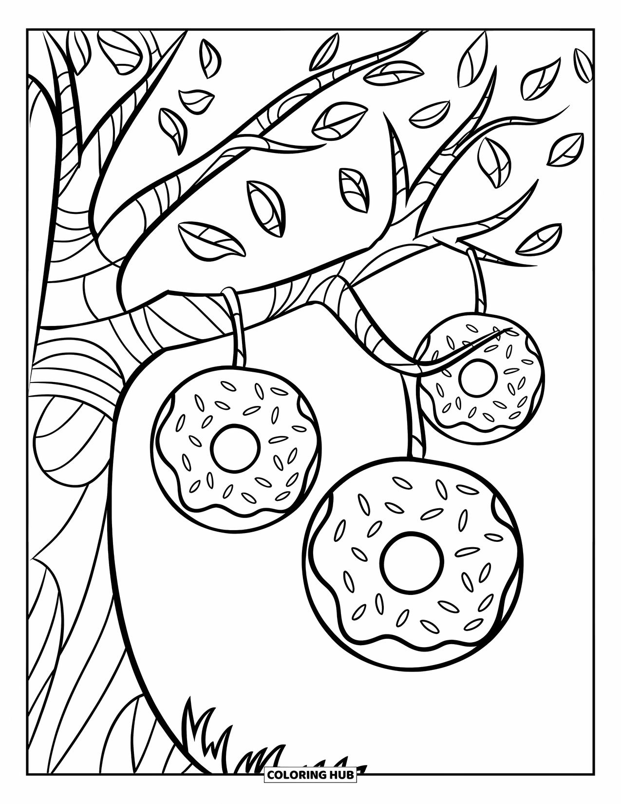 Donut Kleurplaat voor Kinderen: Een donutboom met donuts die als fruit hangen, klaar voor een leuk kleuravontuur