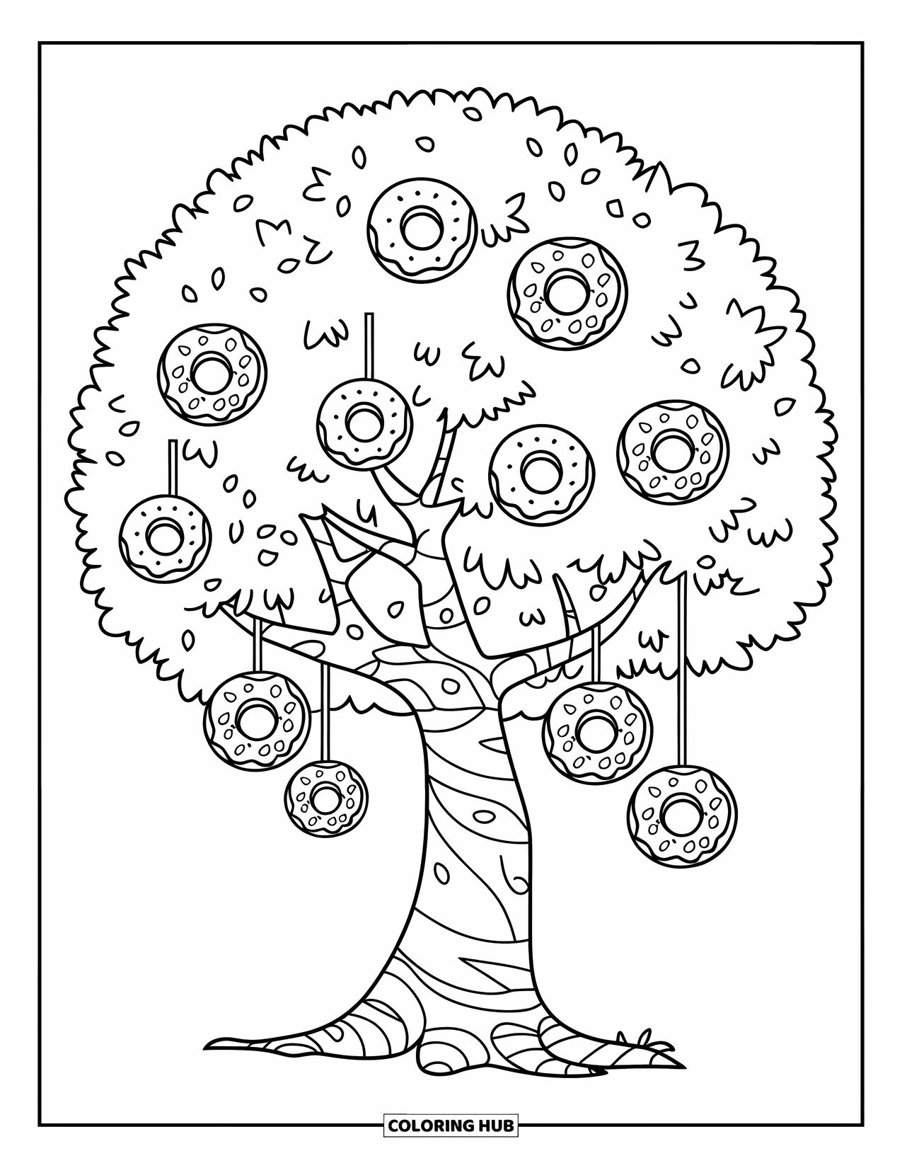 Donut Kleurplaat voor Kinderen: Een donutboom met hangende donuts, takken en getextureerde schors voor een leuke scène