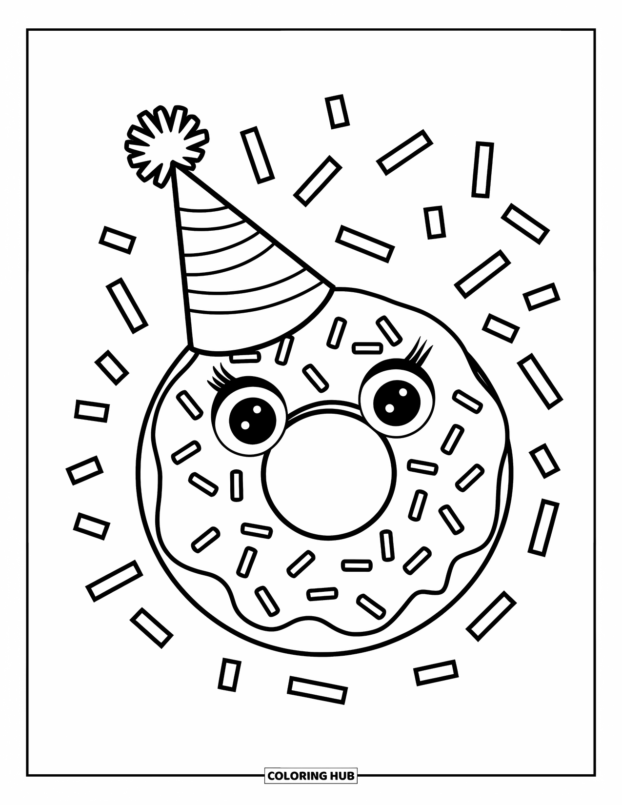 Donut Kleurplaat voor Kinderen: Een donut met een feesthoed en confetti, die verjaardagssfeer verspreidt met een grote glimlach