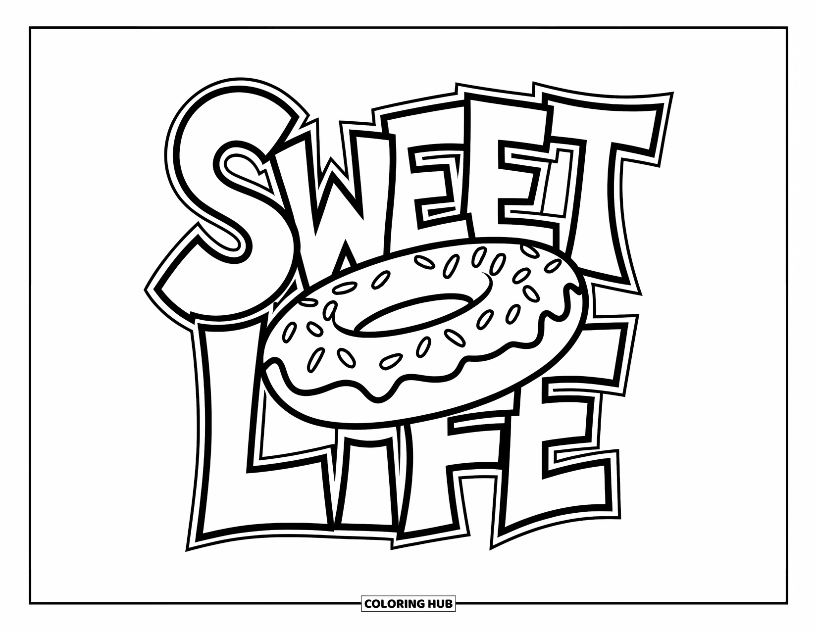 Donut Kleurplaat voor Kinderen: Een donut met gedetailleerde glazuur en "Sweet Life" letters, perfect voor een kleurrijk ontwerp