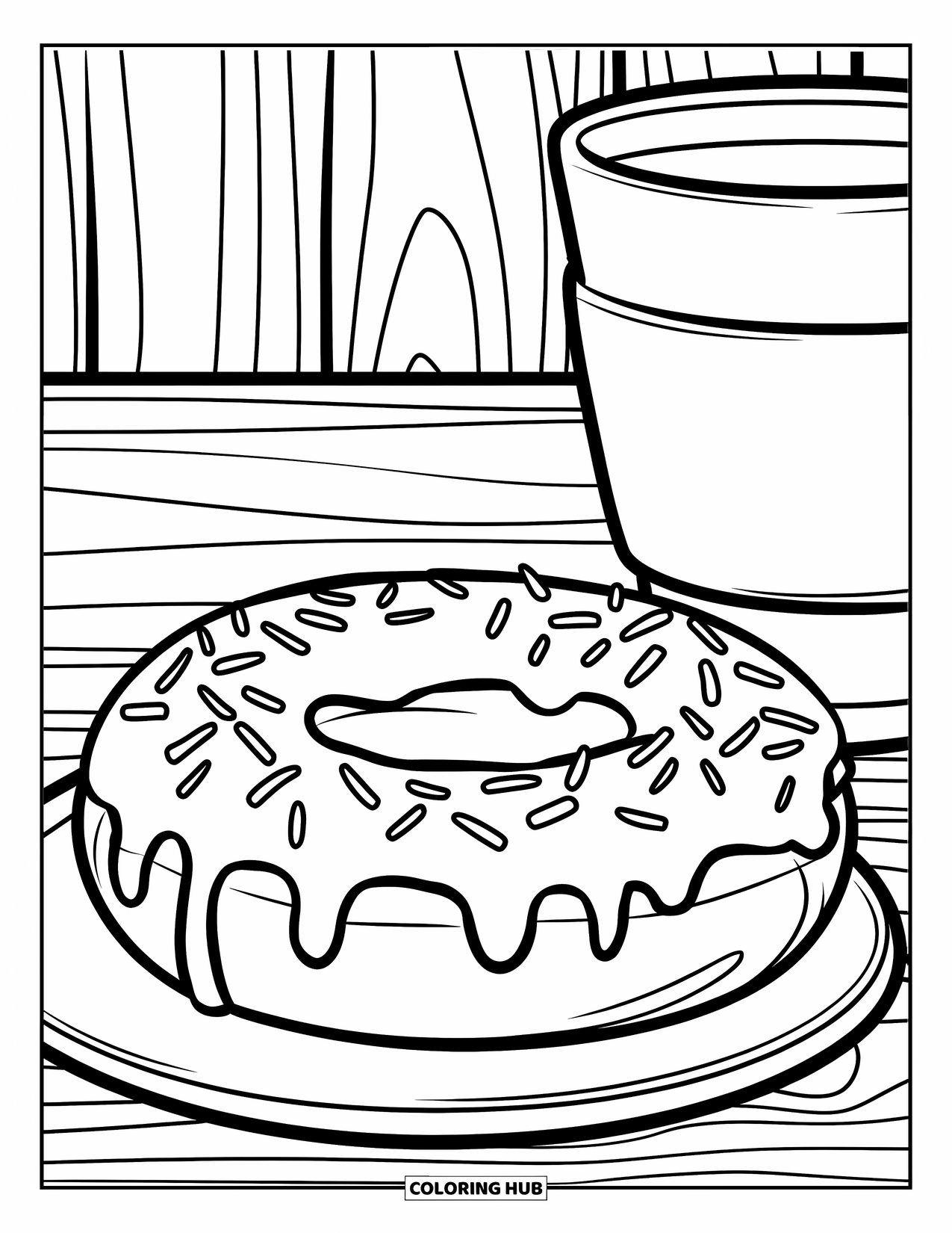 Donut Kleurplaat voor Kinderen: Een donut met glazuur en spikkels, met een koffiekop ernaast op een houten oppervlak