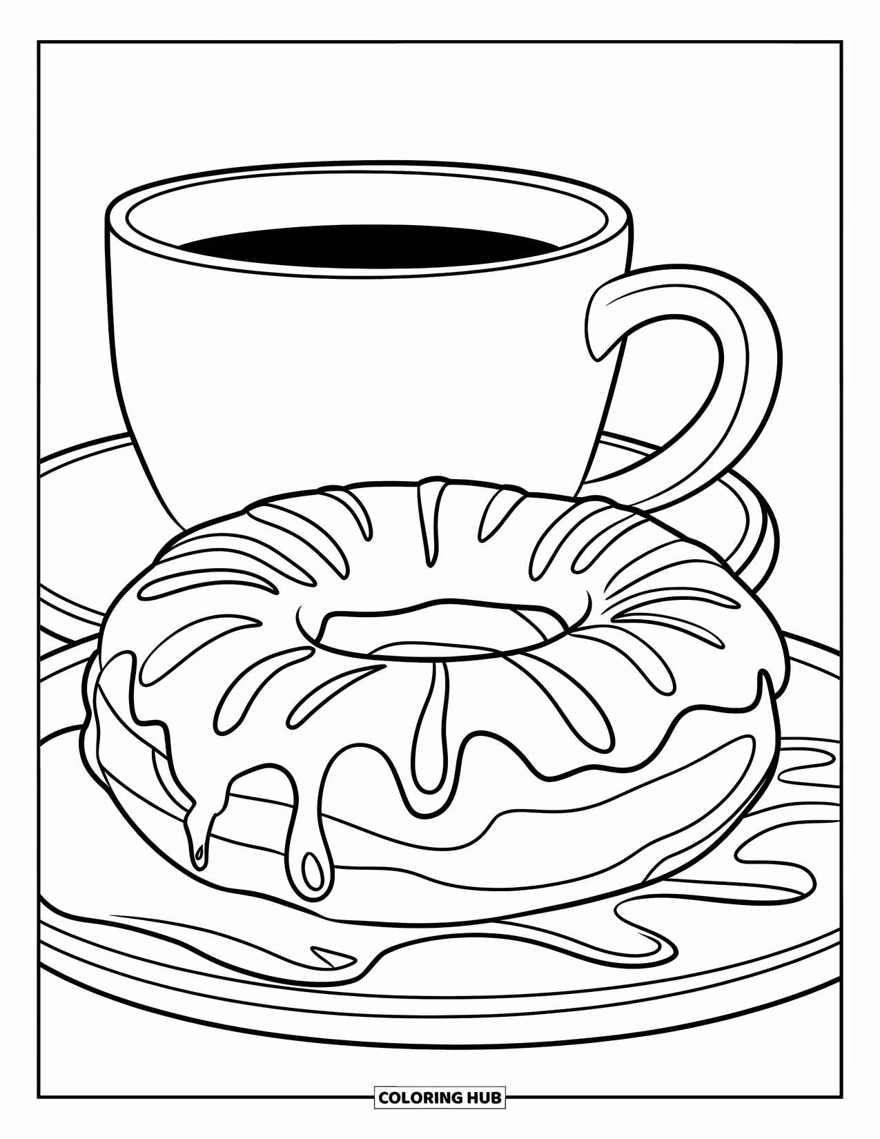 Donut Kleurplaat voor Kinderen: Een donut met glazuurdetails en een koffiekop op de achtergrond voor een gezellige scène