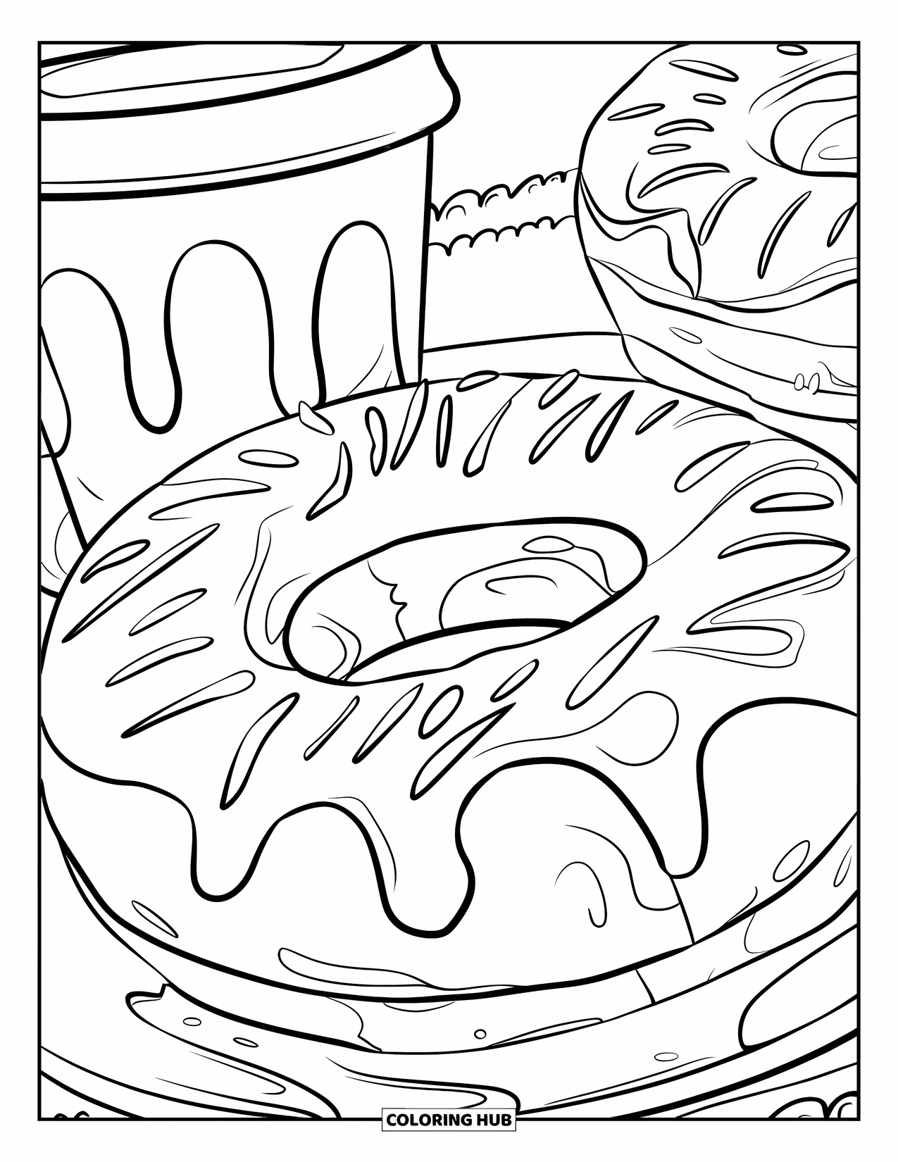 Donut Kleurplaat voor Kinderen: Een donut met gedetailleerde glazuur en druipende topping, samen met een koffiekop om in te kleuren