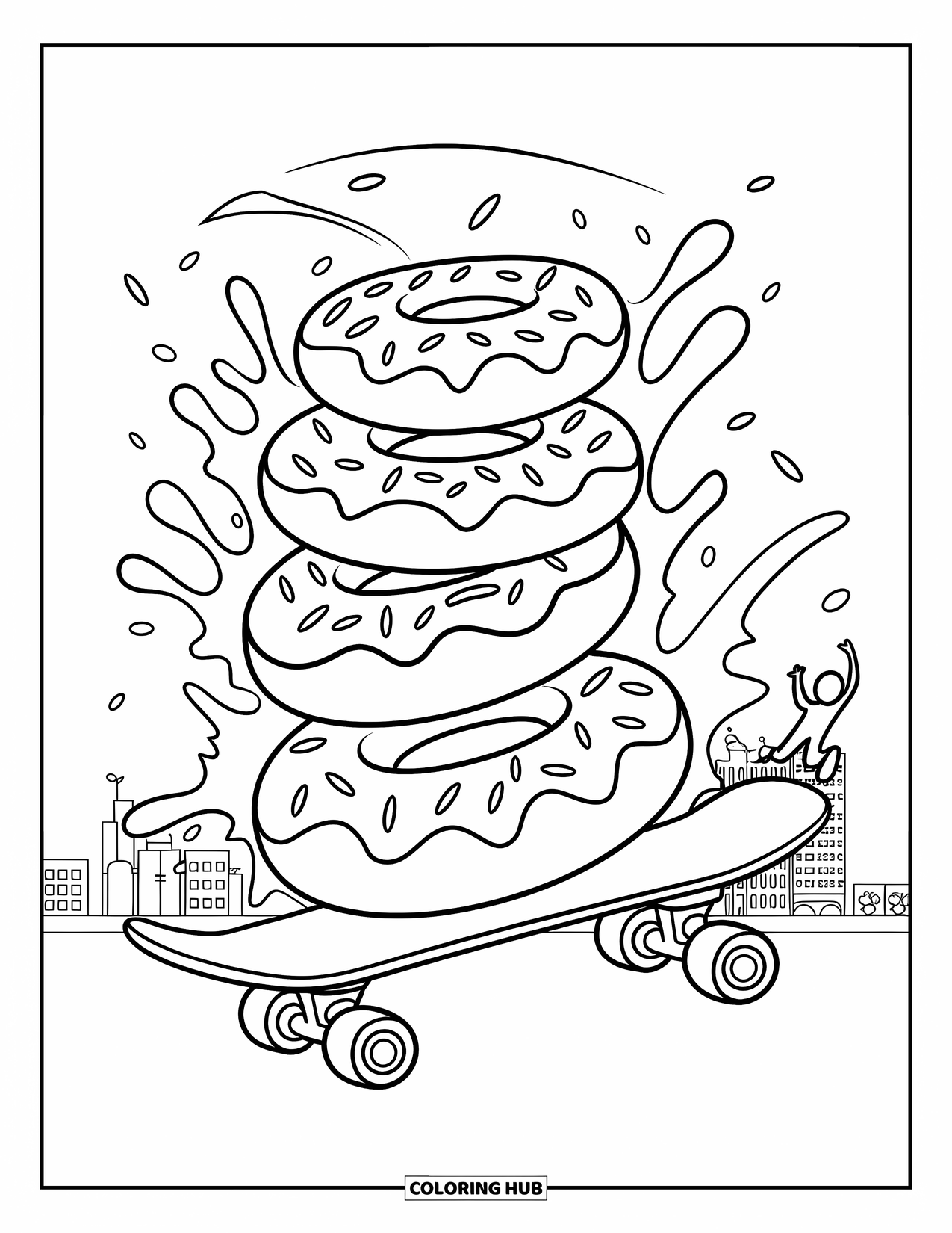 Donut Kleurplaat voor Kinderen: Een dynamische scène van donuts op een skateboard, die glazuur en spikkels door de lucht spatten