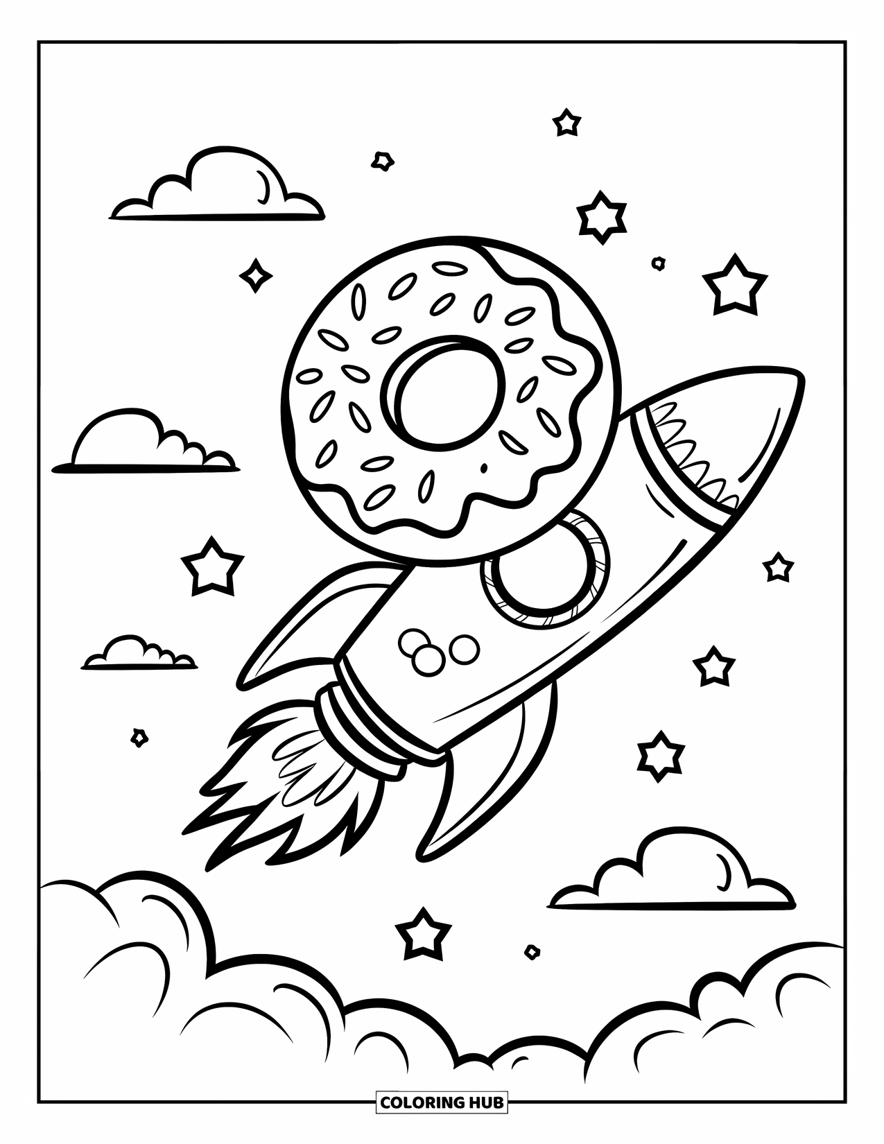 Donut Kleurplaat voor Kinderen: Een leuke donut die op een snoepraket vliegt, met sterren en wolken op de achtergrond