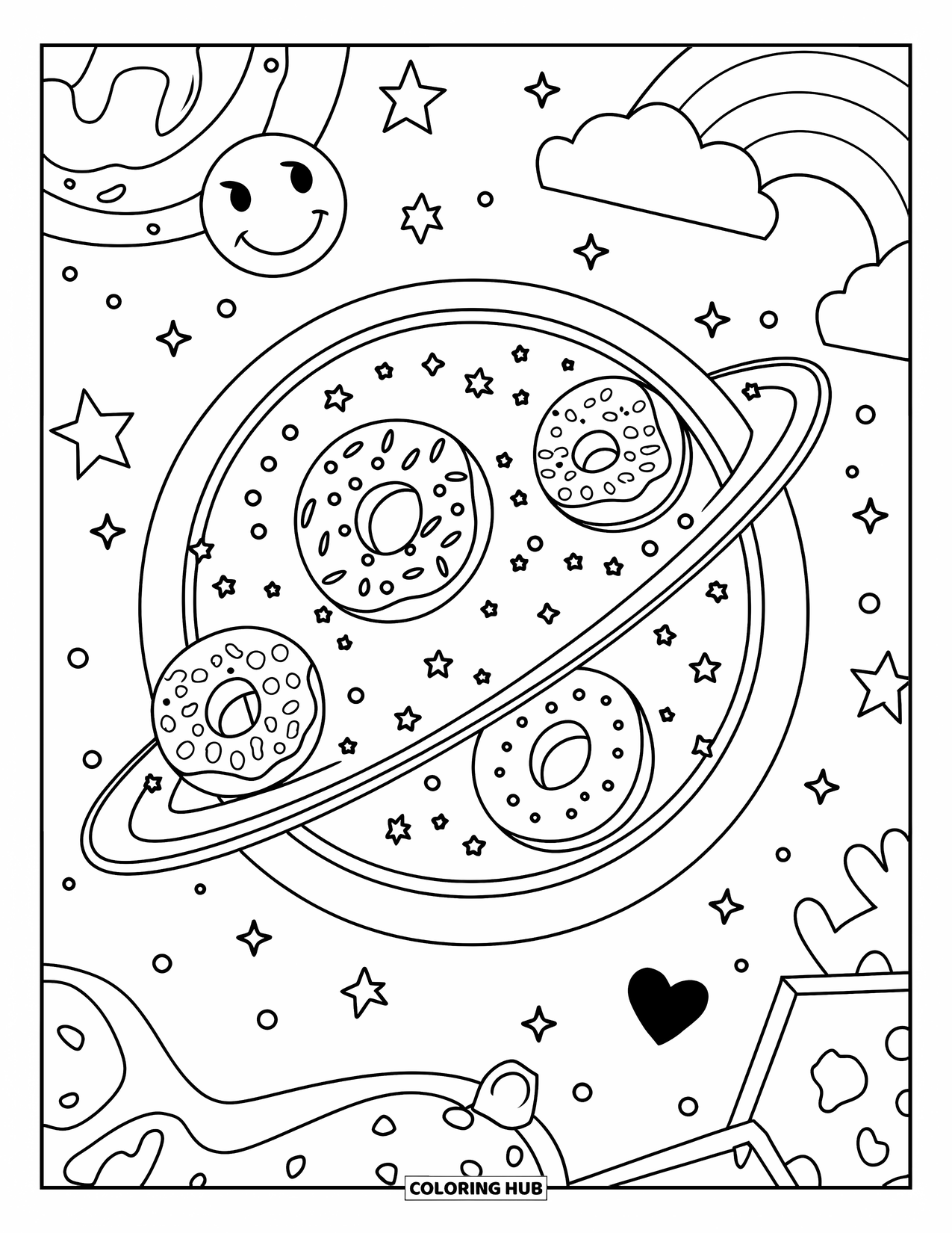 Donut Kleurplaat voor Kinderen: Een melkwegstelsel van donutvormige planeten, omringd door sterren, met een speelse regenboog en smiley