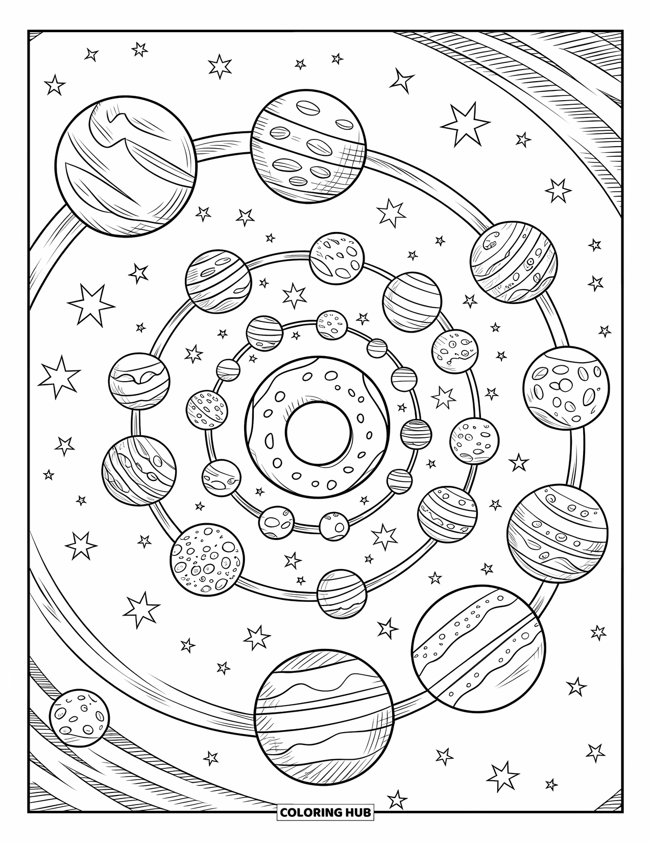 Donut Kleurplaat voor Kinderen: Een melkwegstelsel met donutvormige planeten in een spiraalpatroon, gevuld met sterren en kosmisch plezier