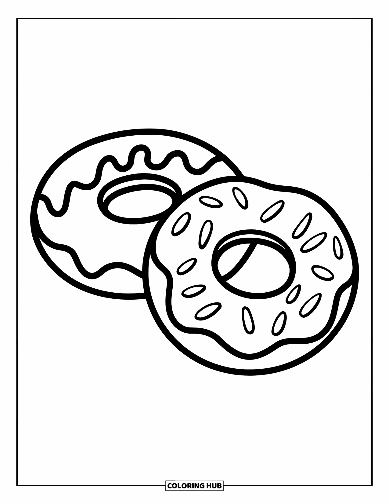 Donut Kleurplaat voor Kinderen: Een paar donuts, een geglazuurde en een besprenkelde, perfect voor een leuk kleurmoment