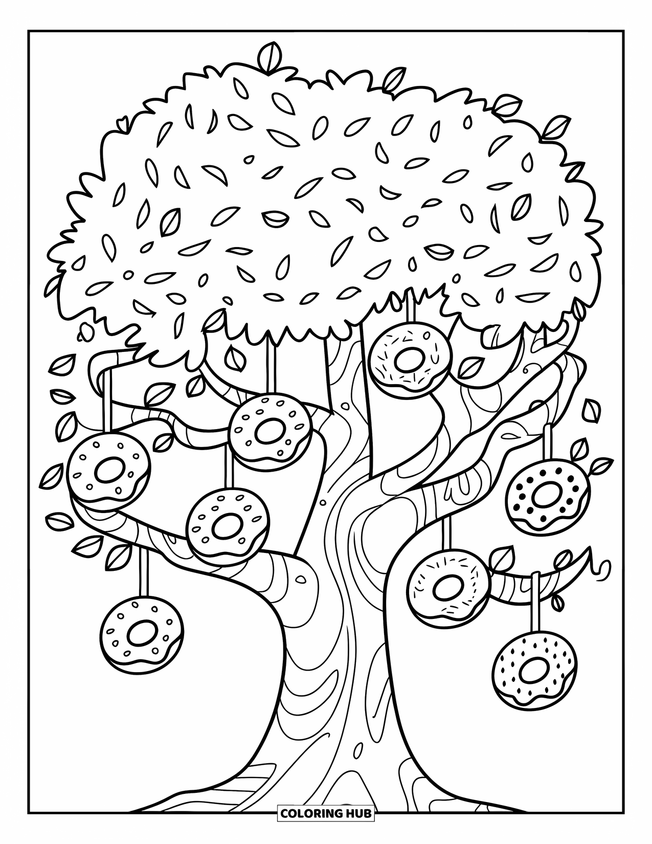 Donut Kleurplaat voor Kinderen: Een speelse donutboom met donuts die als fruit hangen, perfect om in te kleuren