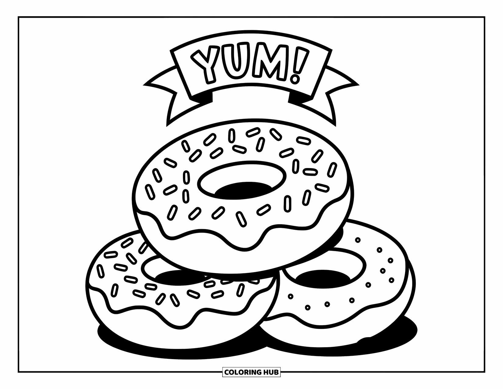 Donut Kleurplaat voor Kinderen: Een piramide van drie donuts met glazuur, spikkels en een 'Jammie!' banner erboven