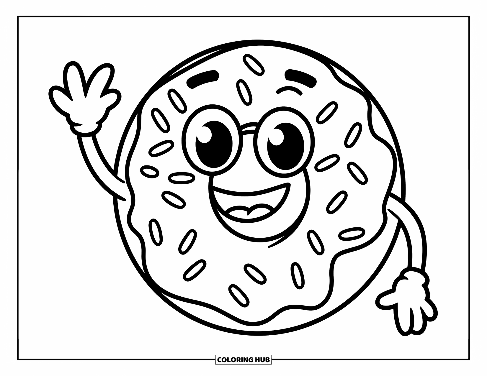Donut Kleurplaat voor Kinderen: Een lachend donutpersonage met met glazuur bedekte armen, klaar om wat vreugde te verspreiden
