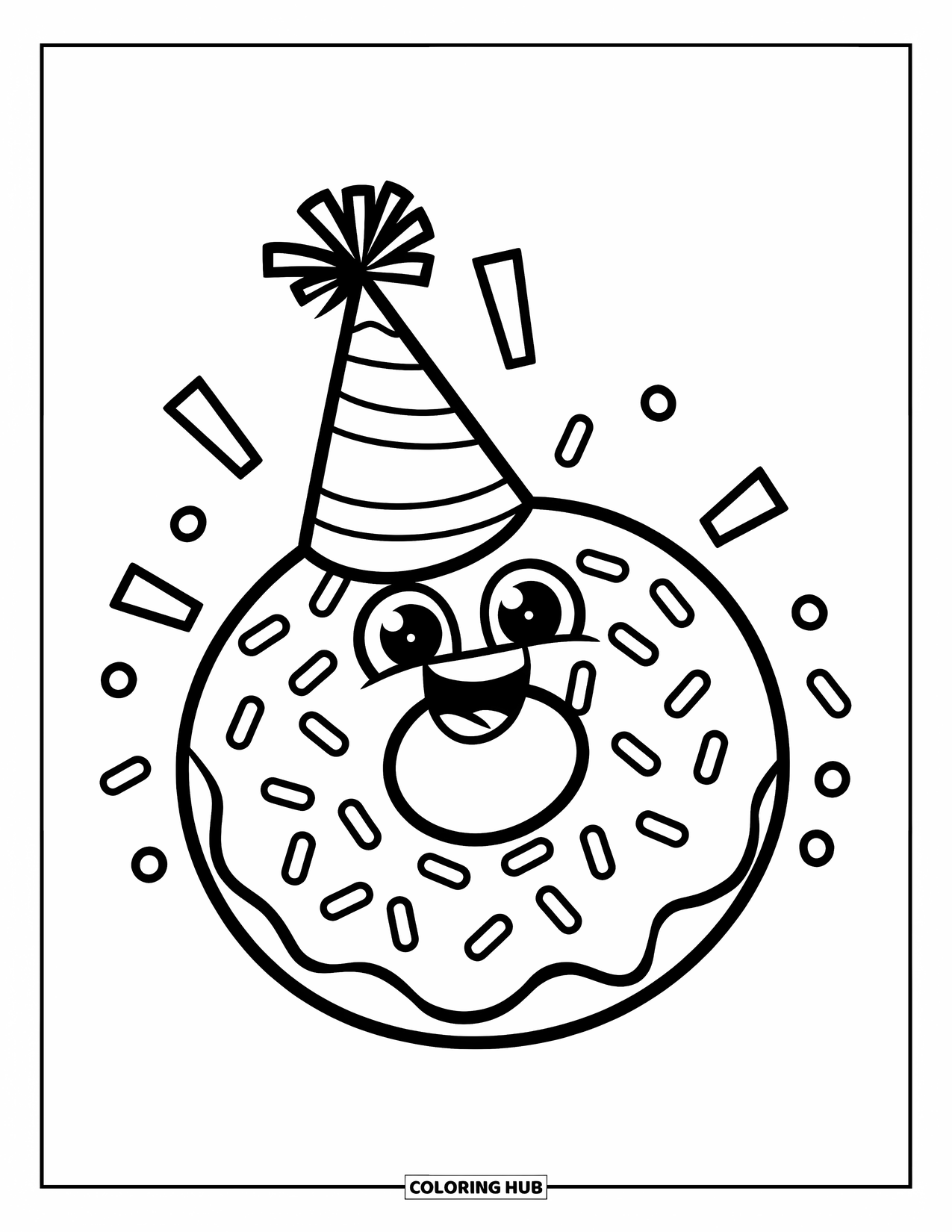 Donut Kleurplaat voor Kinderen: Een lachende donut met een feesthoed, omringd door een confetti-ontwerp voor de lol