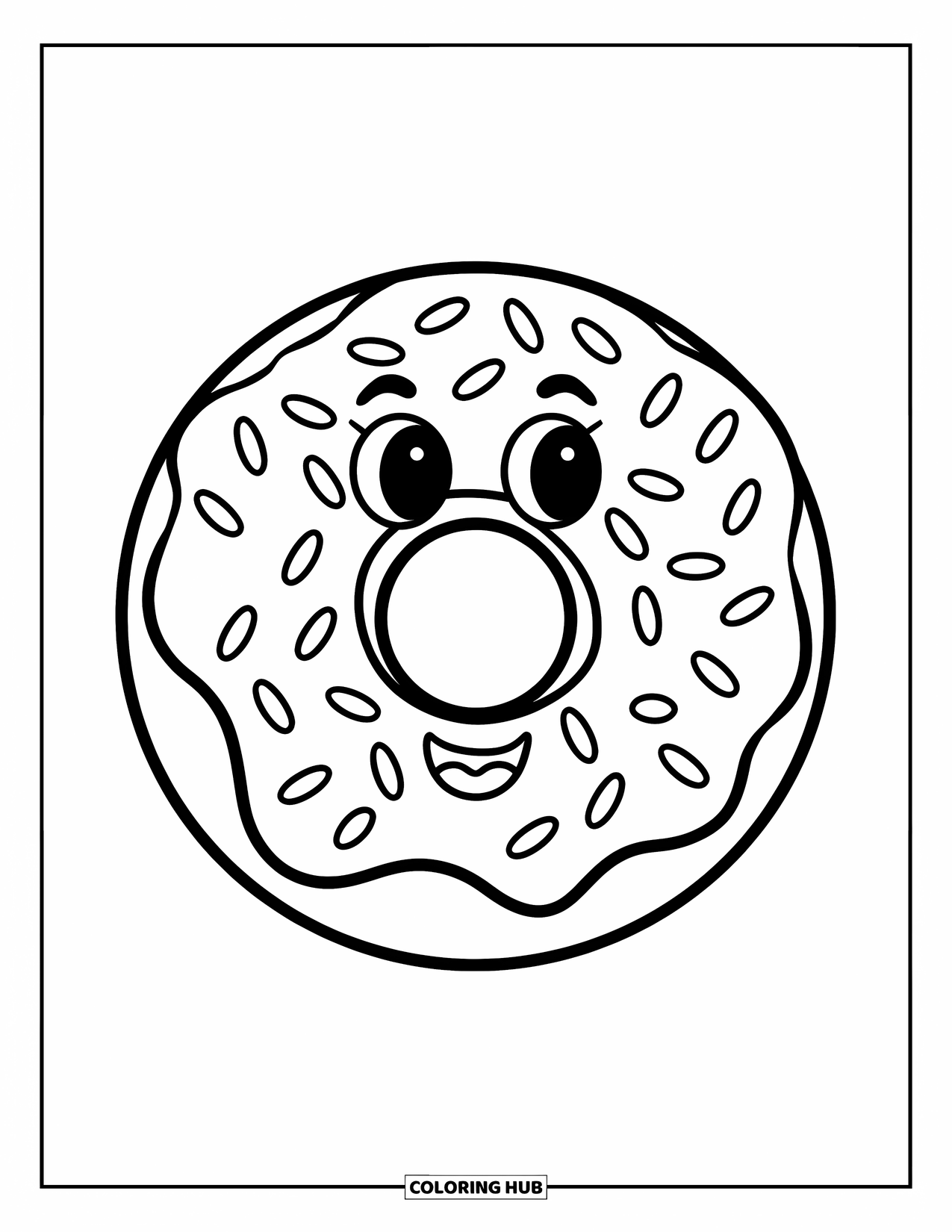 Donut Kleurplaat voor Kinderen: Een lachende donut met spikkels en een vrolijk gezicht om lekker te kleuren