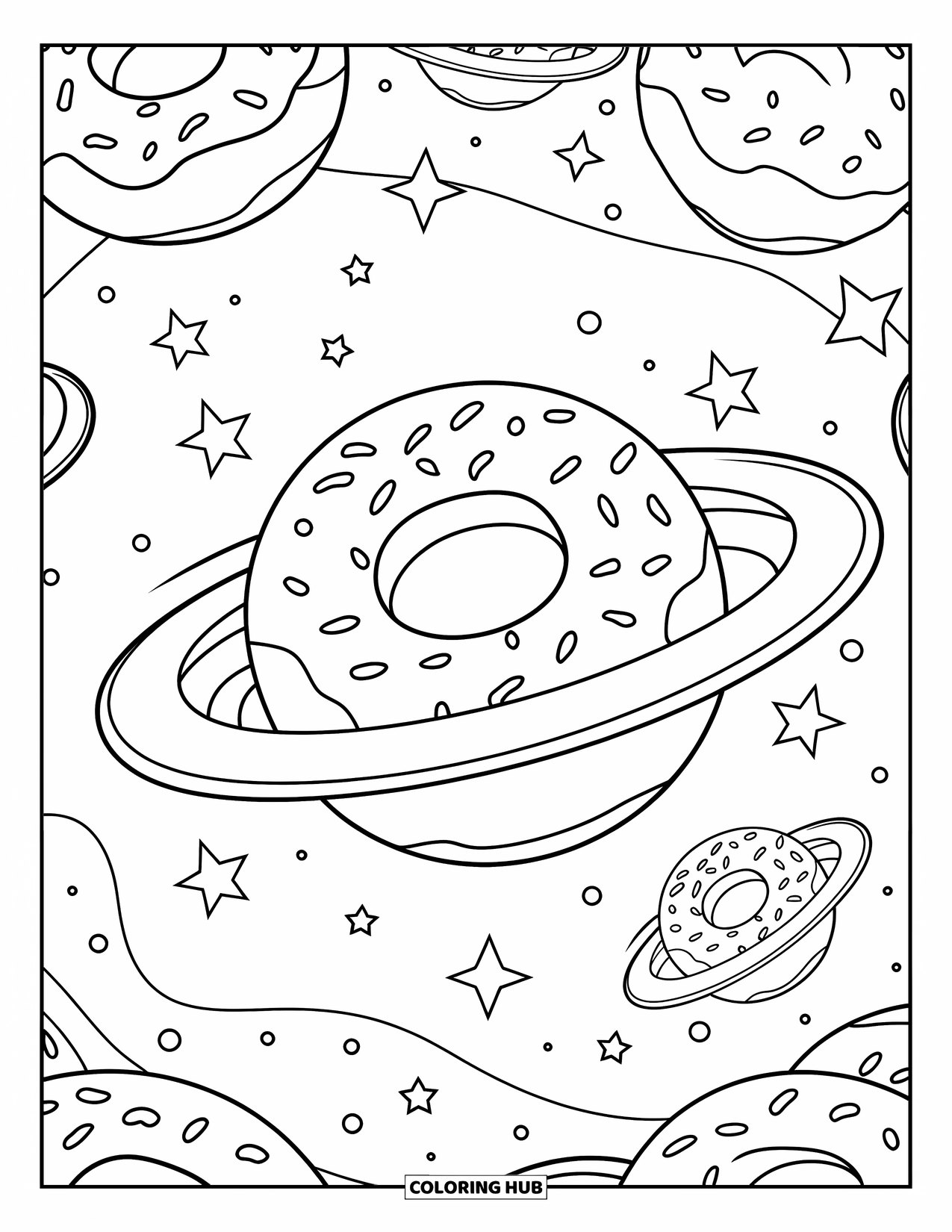 Donut Kleurplaat voor Kinderen: Een fantasierijke melkweg met donutvormige planeten omringd door sterren, klaar voor een buitenaardse scène