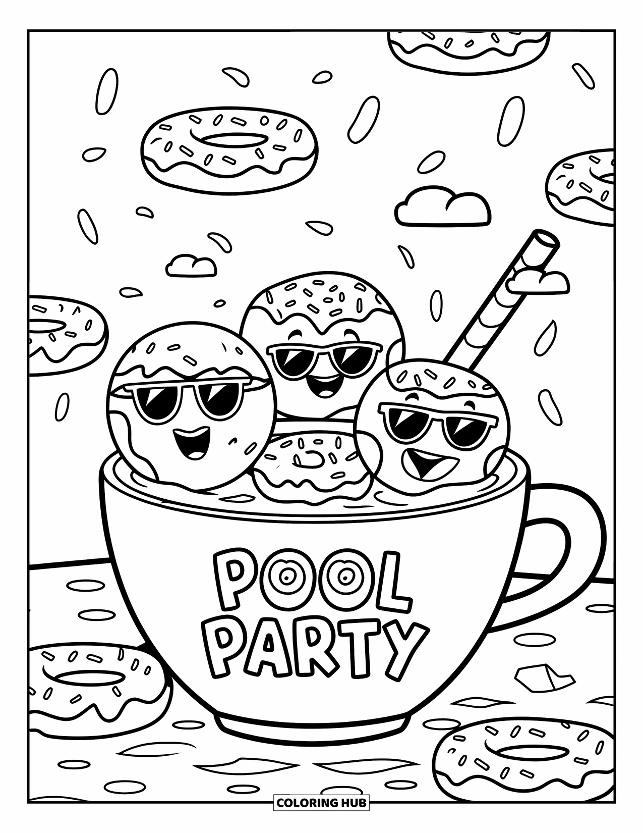 Donut Kleurplaat voor Kinderen: Donuts die een zwembadfeestje geven in een koffiekop, met zonnebrillen en drijvend op eilanden