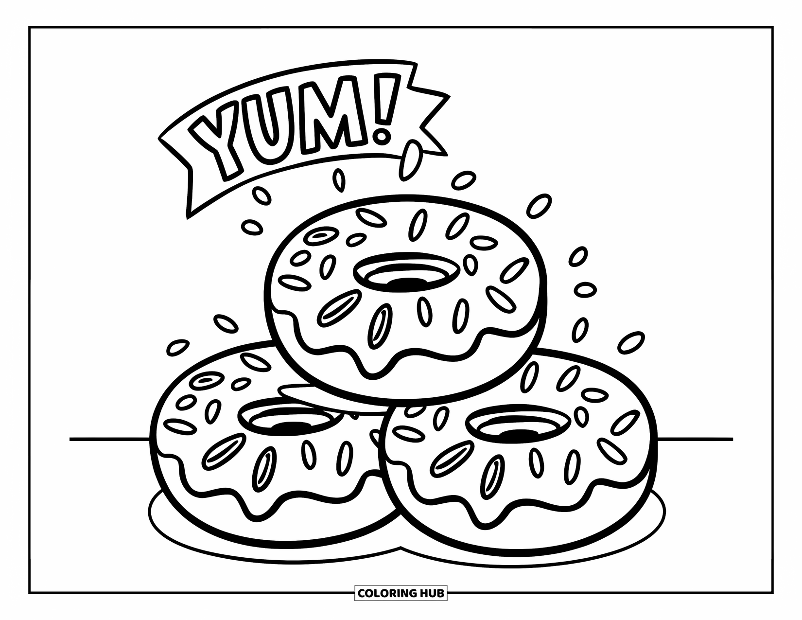 Donut Kleurplaat voor Kinderen: Drie donuts gestapeld met glazuurwervelingen en spikkels, bekroond met een 'Jammie!' banner