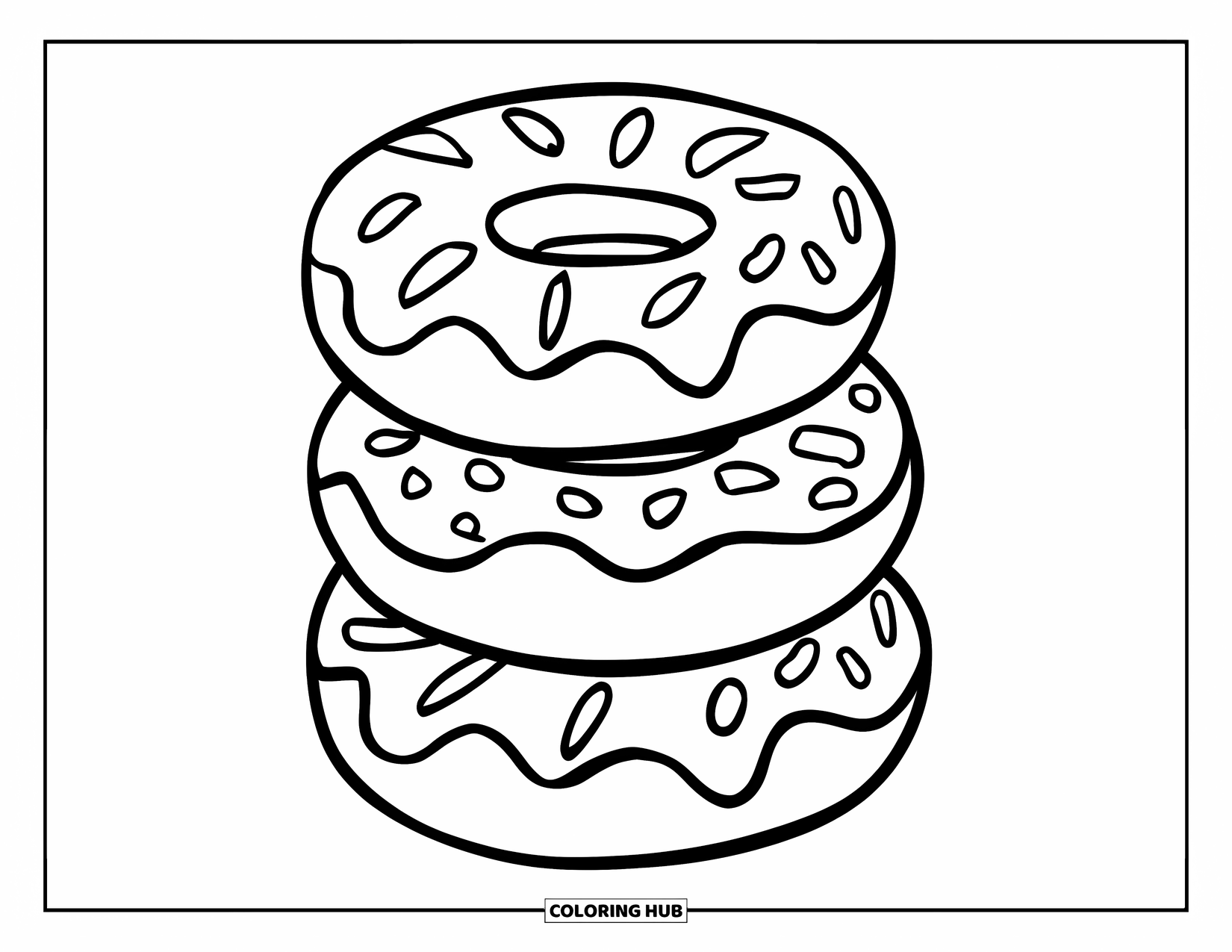 Donut Kleurplaat voor Kinderen: Drie donuts met verschillende glazuren hoog opgestapeld, eenvoudig en leuk om in te kleuren