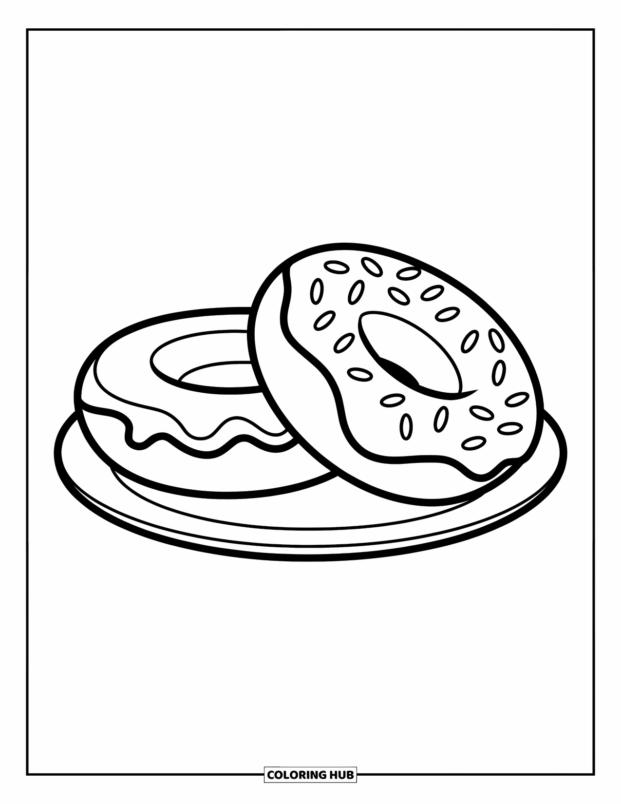 Donut Kleurplaat voor Kinderen: Twee donuts, een met glazuur en een met spikkels, een lief duo voor kleine kunstenaars