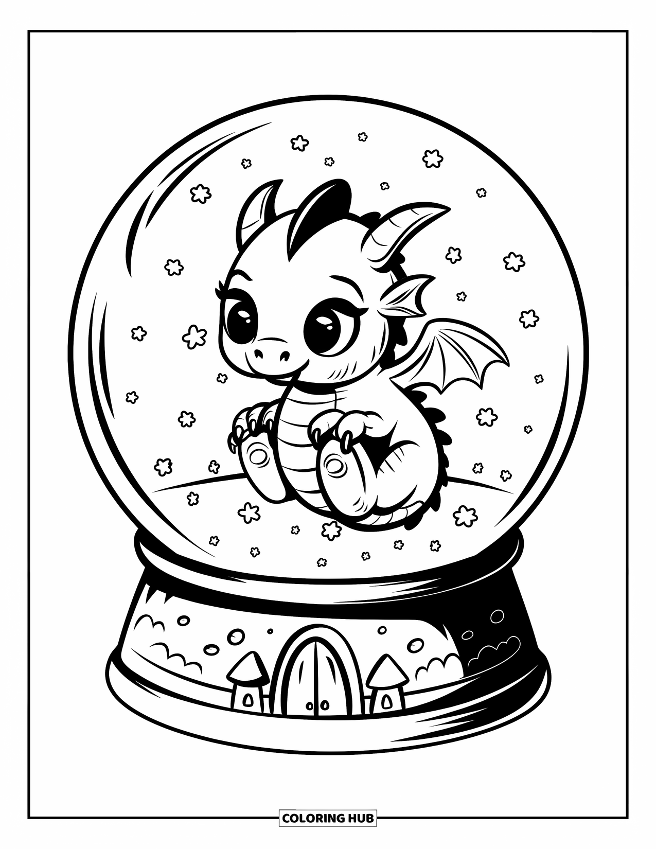 Dibujo de dragón para colorear para adultos: Un dragón bebé flota en una bola de nieve, observando las ráfagas arremolinarse alrededor de la base de un castillo