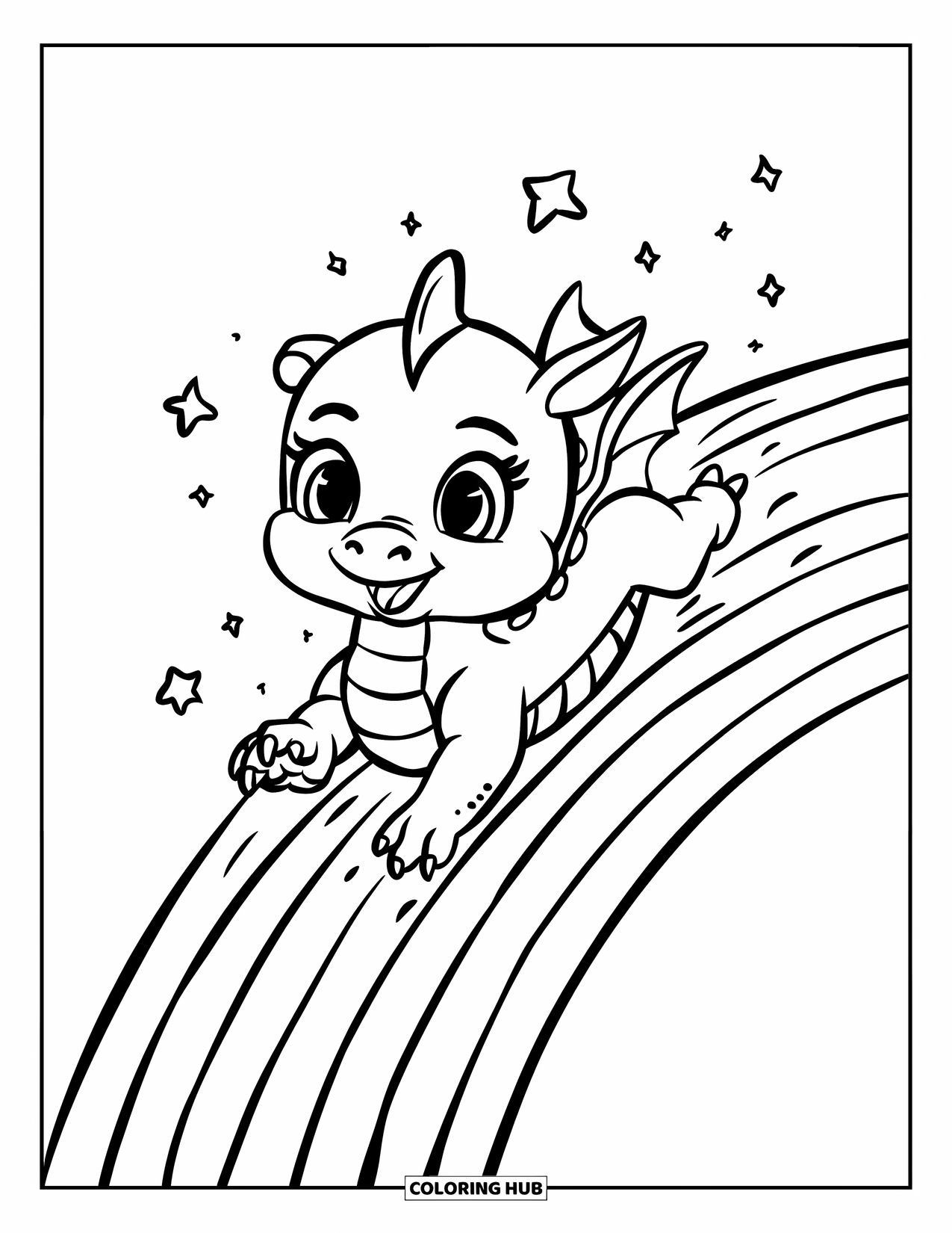 Dibujo de dragón para colorear para adultos: Un dragón bebé se desliza alegremente por un arcoíris, rodeado de estrellas parpadeantes