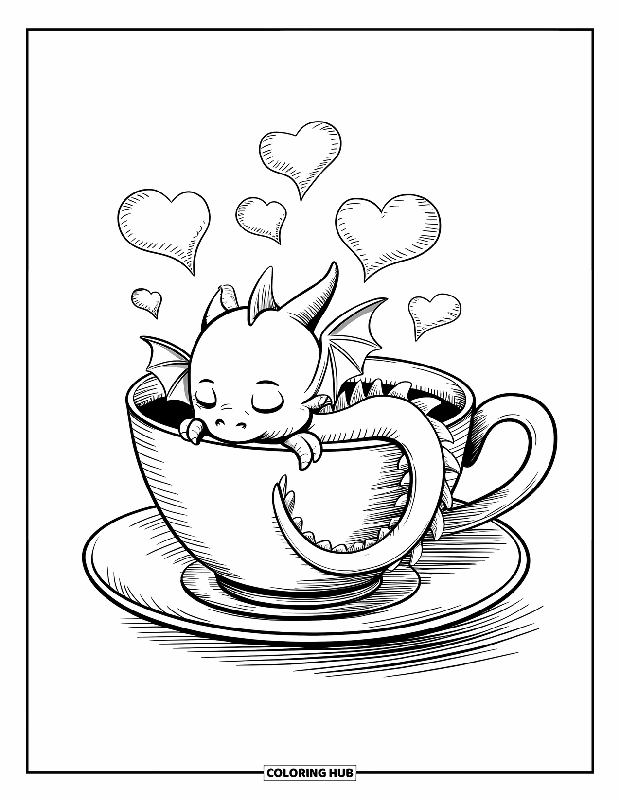 Dibujo de dragón para colorear para adultos: Un dragón bebé descansa dentro de una taza de té mientras suaves nubes de vapor forman formas de corazón arriba