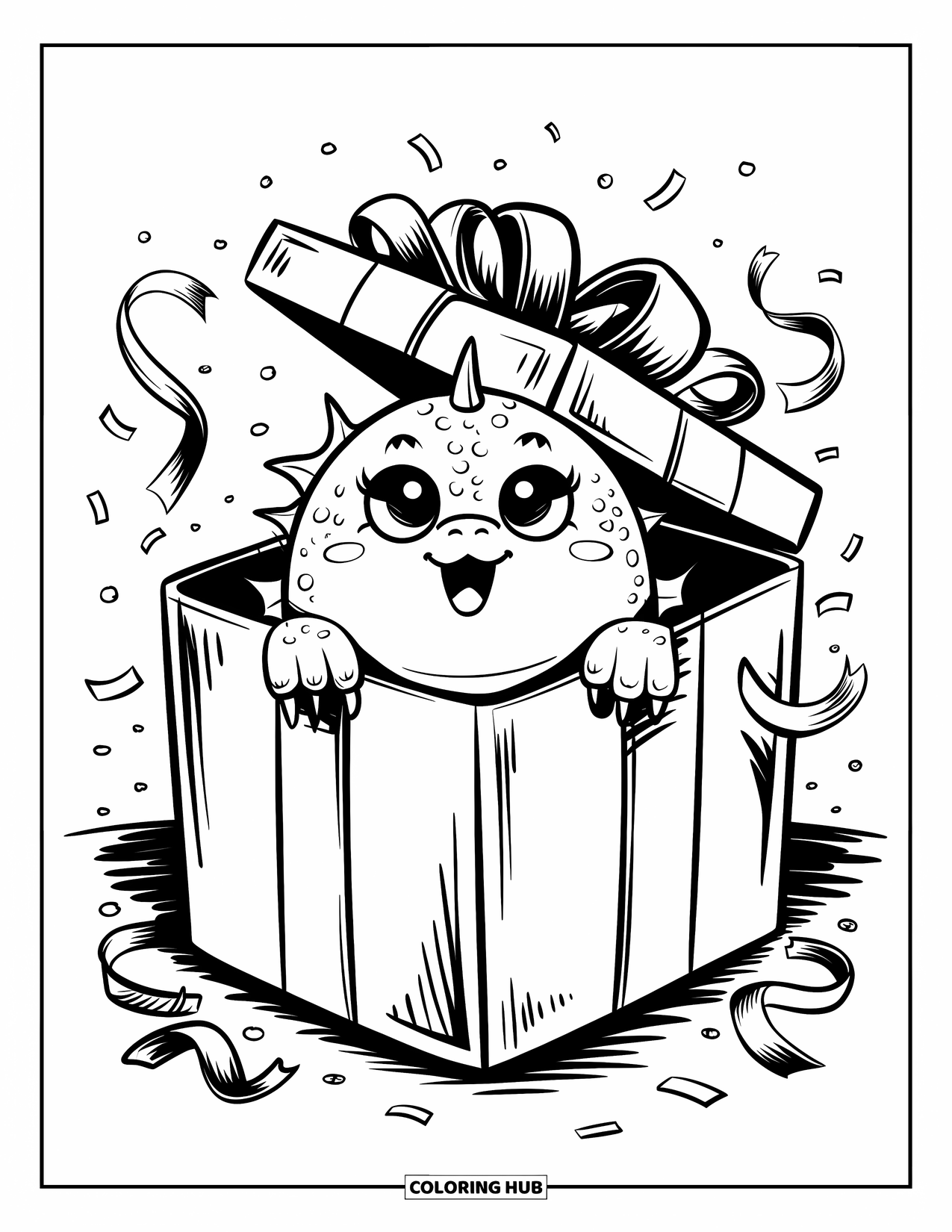 Dibujo de dragón para colorear para adultos: Un dragón alegre asoma desde una caja de regalo, con los ojos llenos de emoción mientras flota confeti