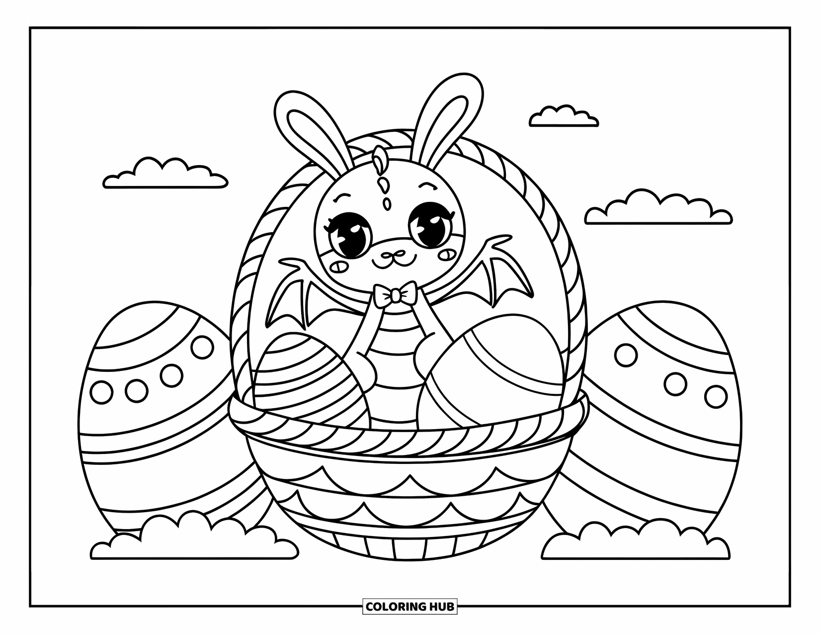 Dibujo de dragón para colorear para adultos: Un dragón alegre con orejas de conejo envuelve su cola alrededor de un huevo dentro de una cesta decorada