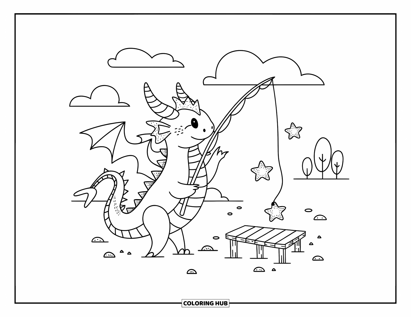 Dibujo de dragón para colorear para adultos: Un lindo dragón se sienta en un pequeño muelle, usando una caña de pescar para atrapar estrellas flotantes