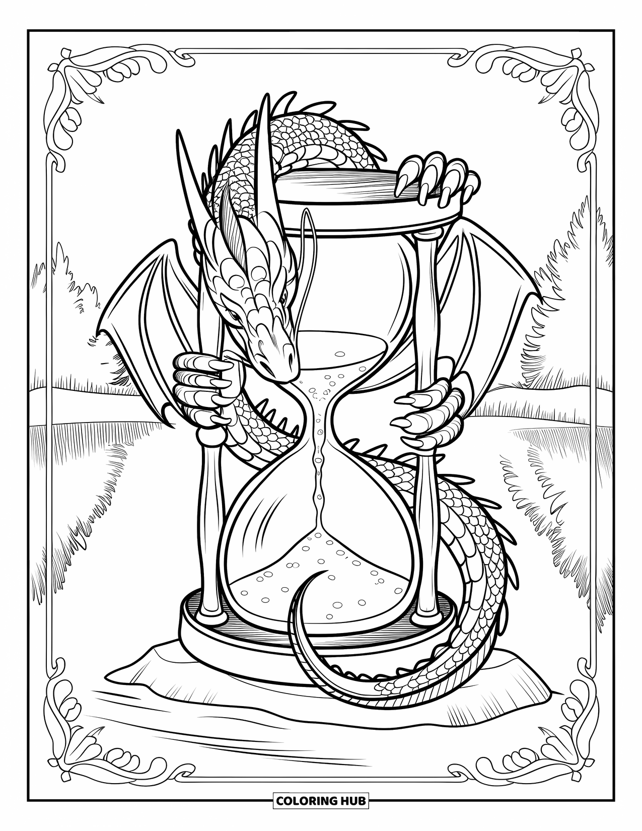 Dibujo de dragón para colorear para adultos: Un dragón se aferra a un reloj de arena que descansa sobre una roca, con su reflejo brillando en un lago tranquilo