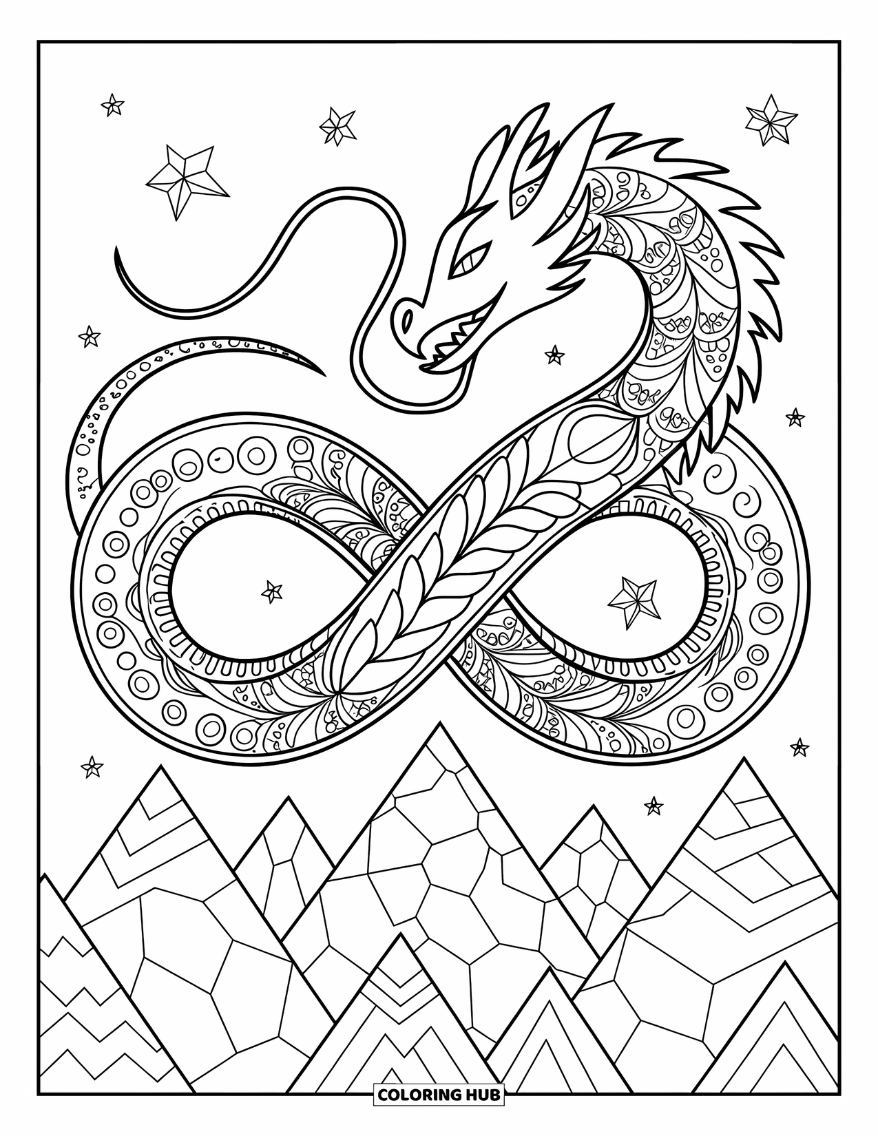 Dibujo de dragón para colorear para adultos: Un dragón se enrolla en un bucle infinito, volando sobre picos dentados bajo un cielo estrellado