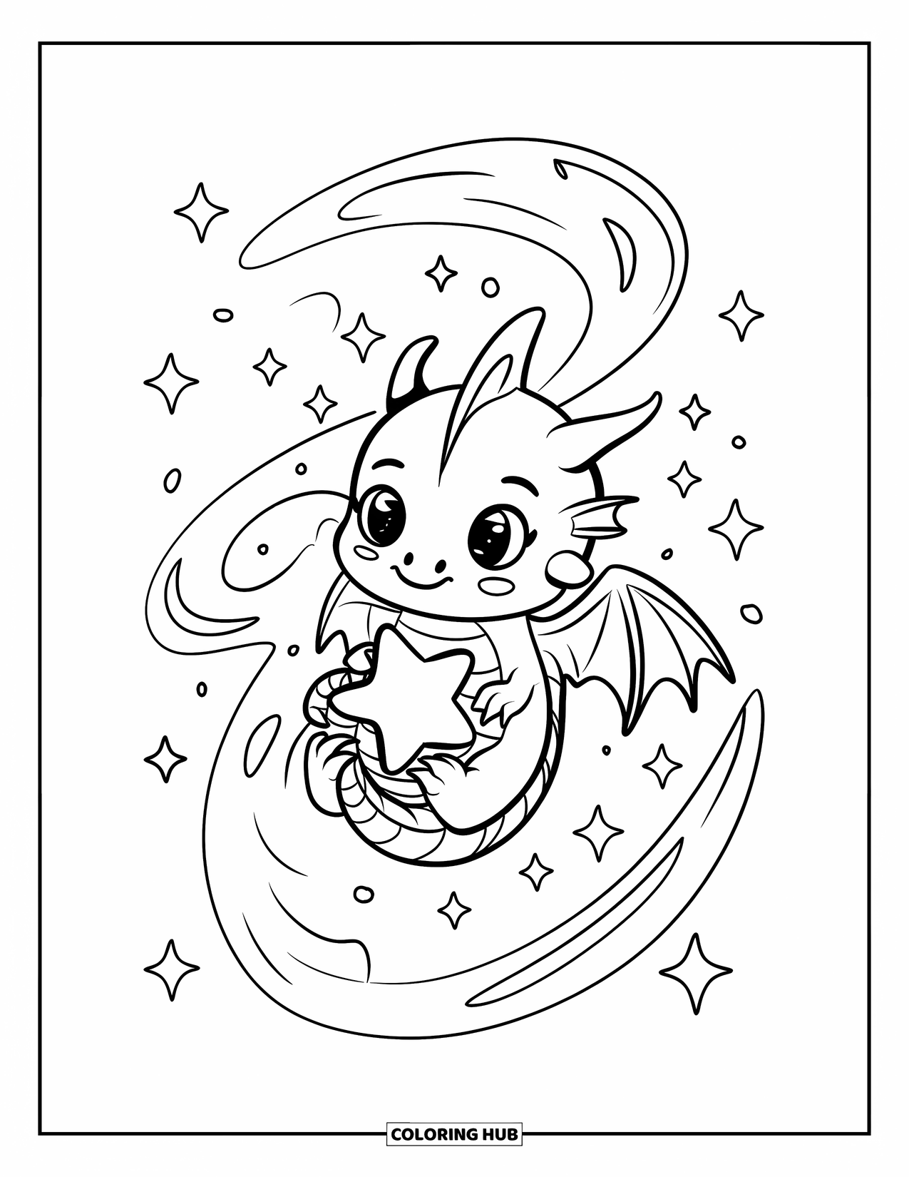 Dibujo de dragón para colorear para adultos: Un dragón acuna una estrella bebé, rodeado de suaves destellos flotantes y un rastro cósmico