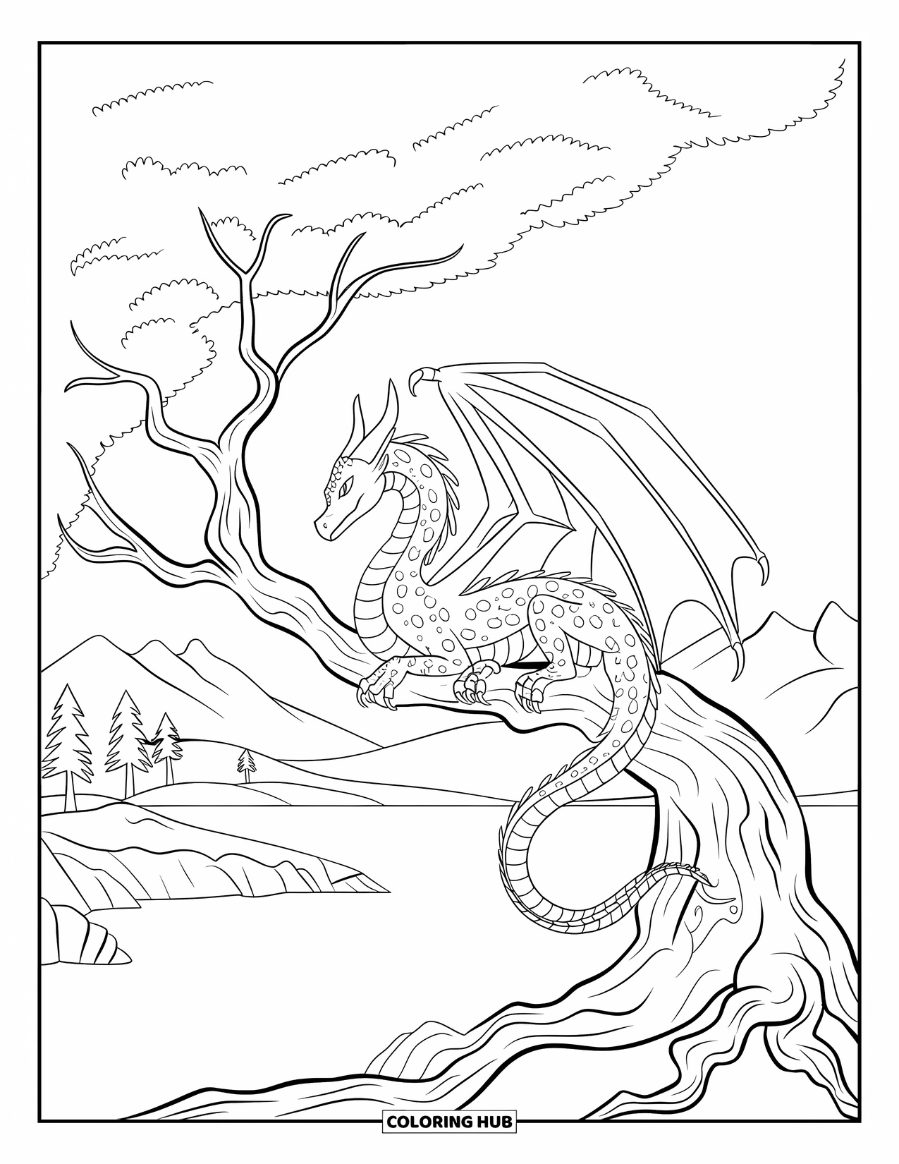 Dibujo de dragón para colorear para adultos: Un dragón se enrosca alrededor de un árbol nudoso, encaramado sobre un paisaje rocoso con montañas distantes