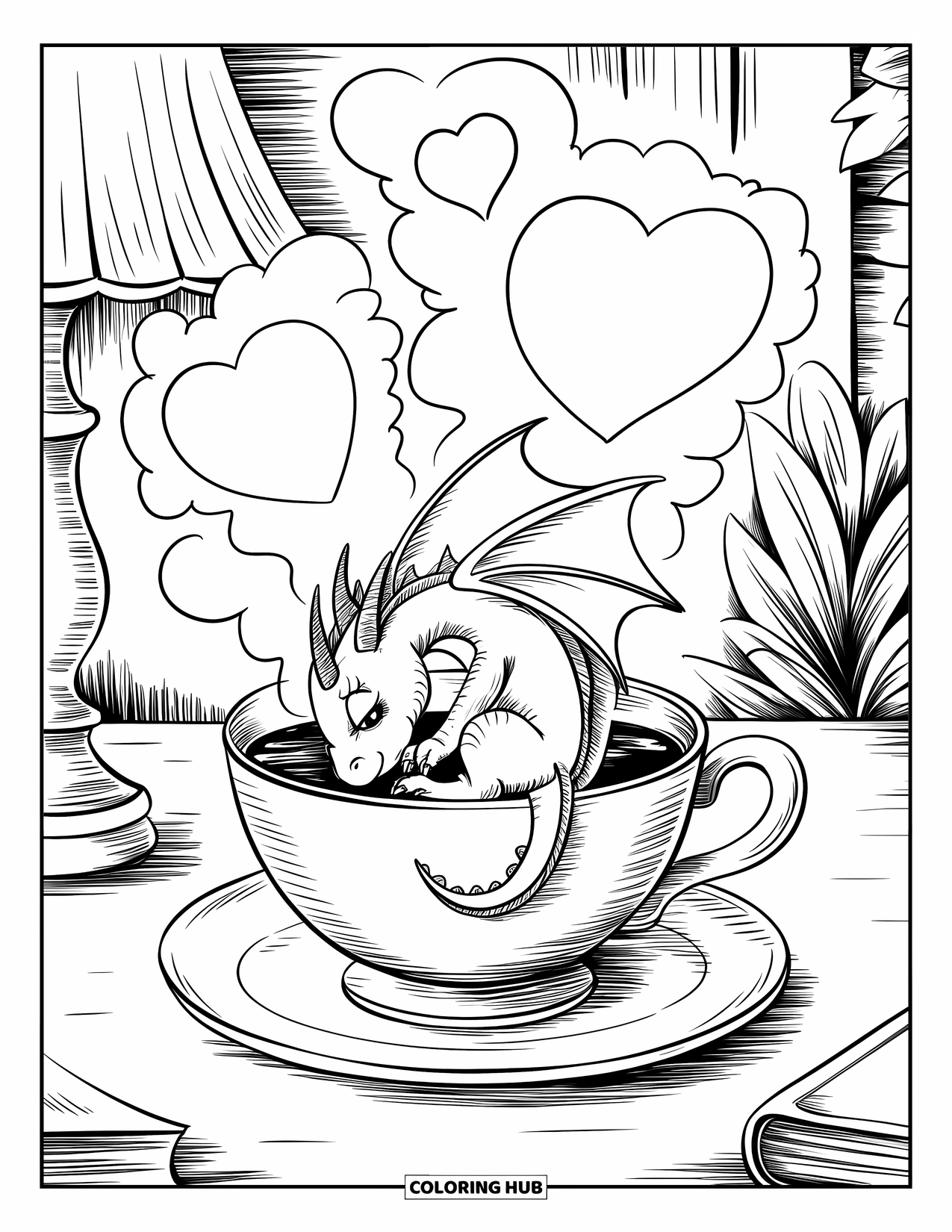 Dibujo de dragón para colorear para adultos: Un dragón se acurruca dentro de una taza de té en un platillo, rodeado de una acogedora decoración de la habitación