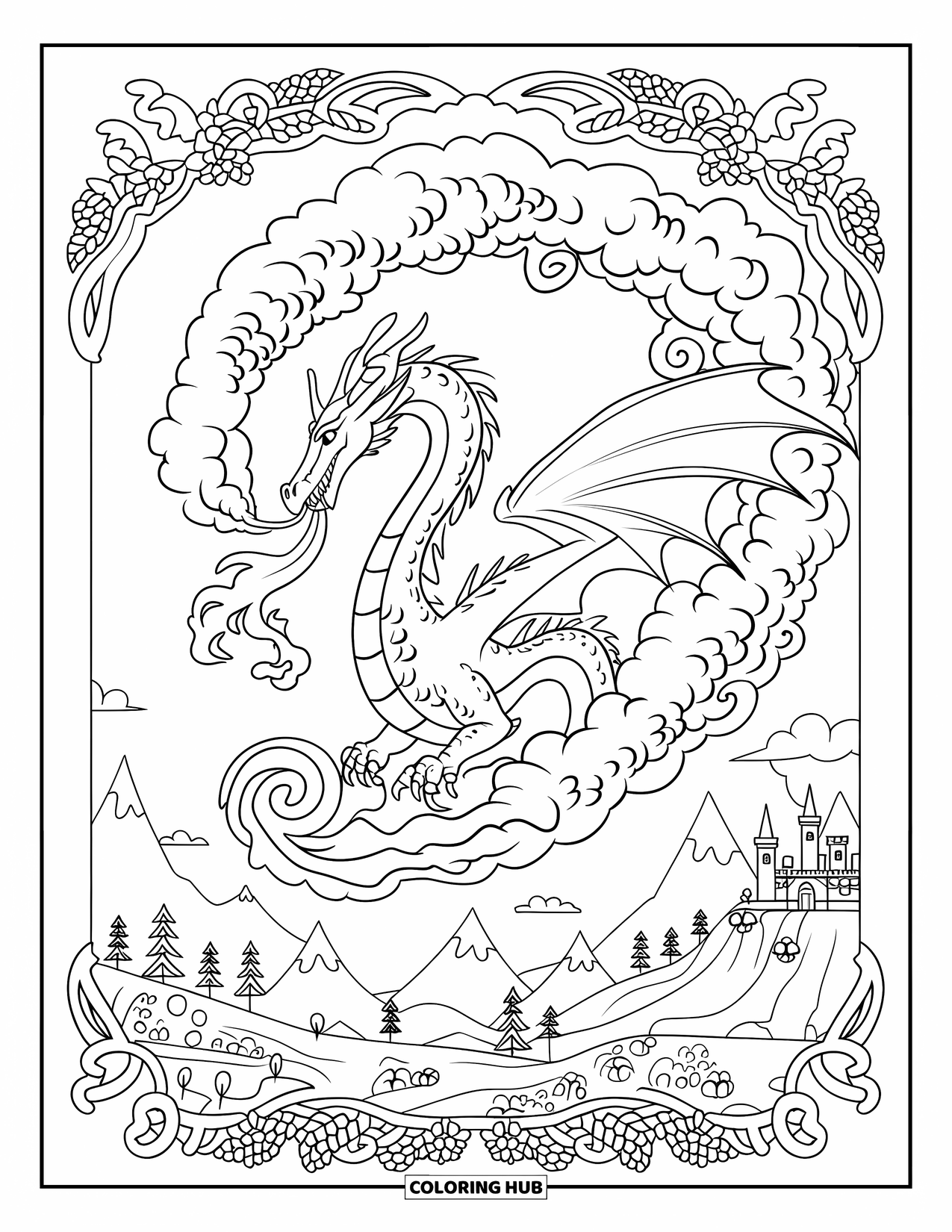 Dibujo de dragón para colorear para adultos: Un dragón emerge de remolinos neblinosos, escupiendo fuego sobre un castillo y montañas distantes