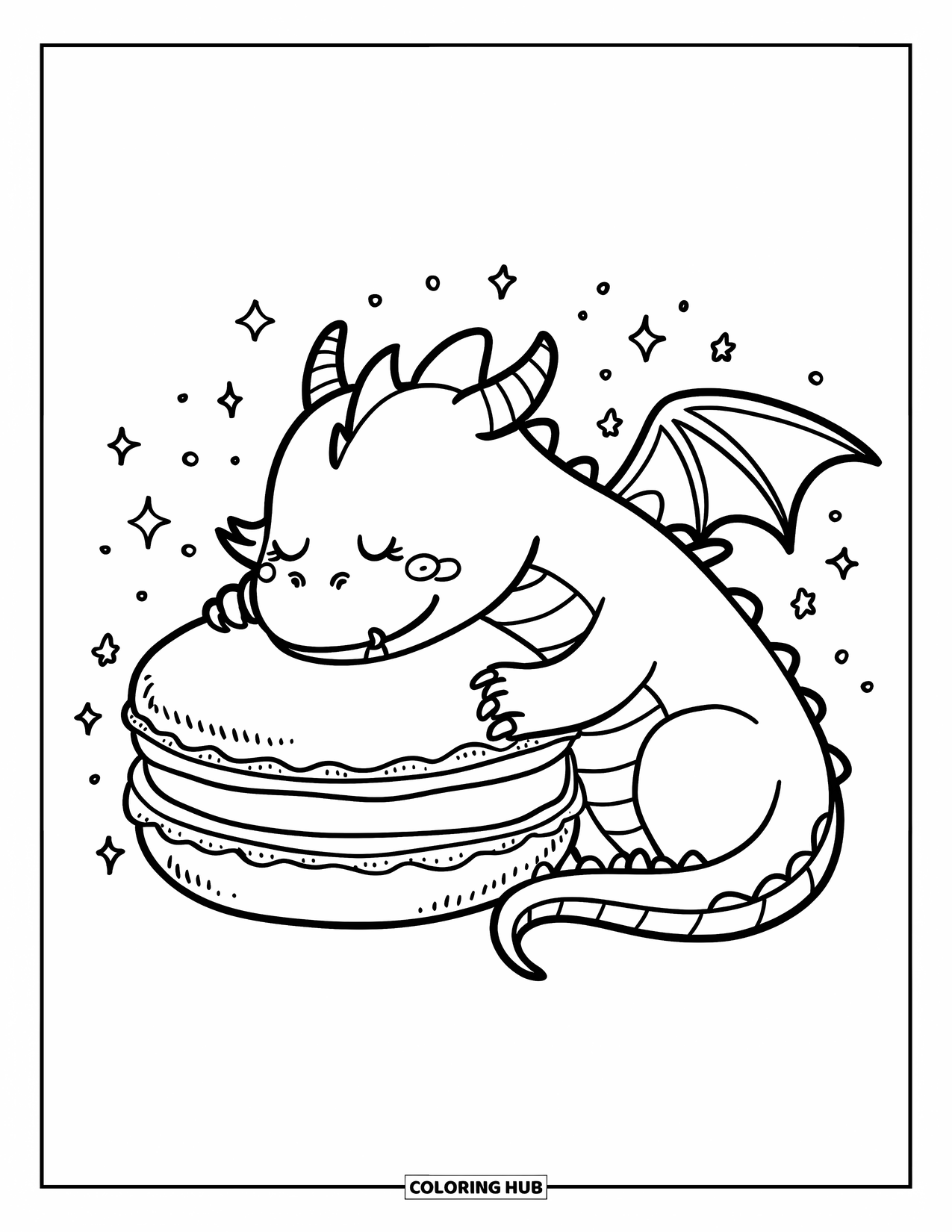 Dibujo de dragón para colorear para adultos: Un dragón acaricia felizmente un macaron suave, rodeado de estrellas y destellos flotantes