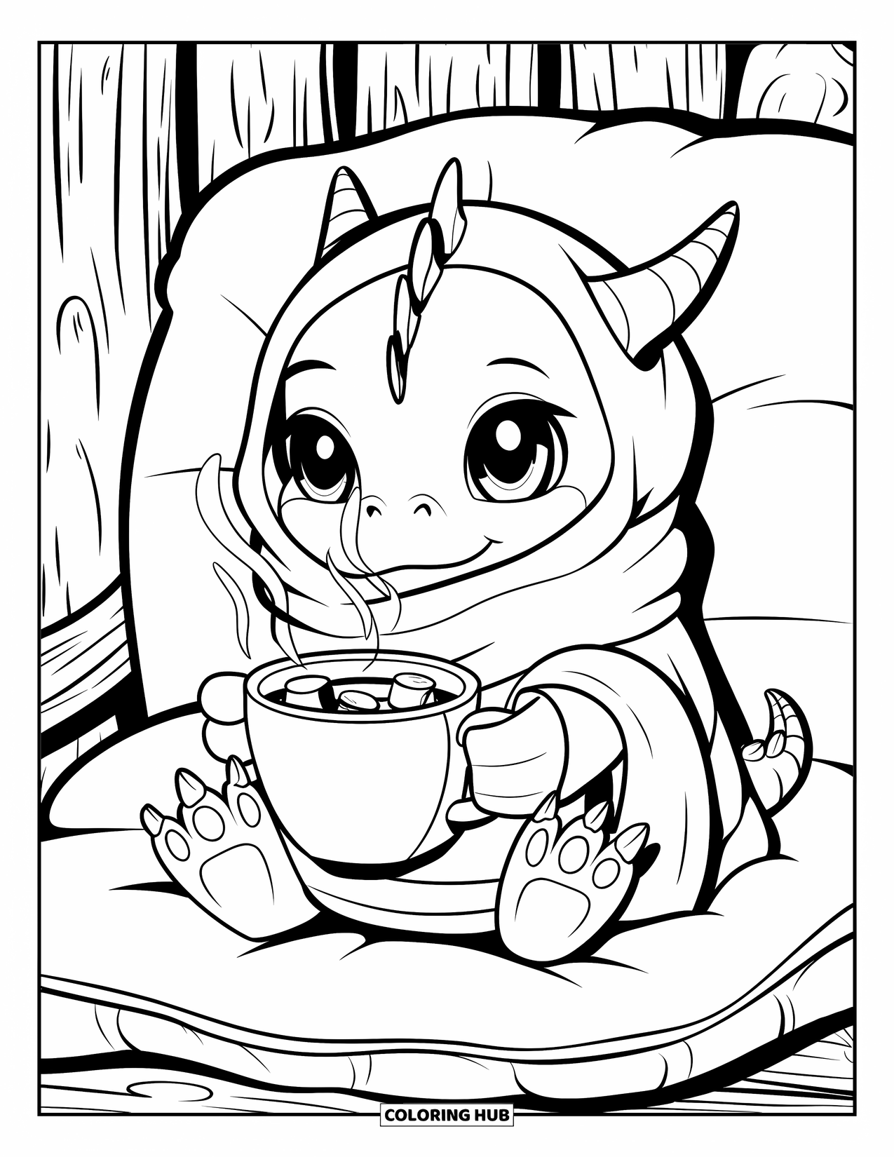 Dibujo de dragón para colorear para adultos: Un dragón con una bufanda acogedora sorbe de una taza caliente, sentado en una rústica habitación de madera