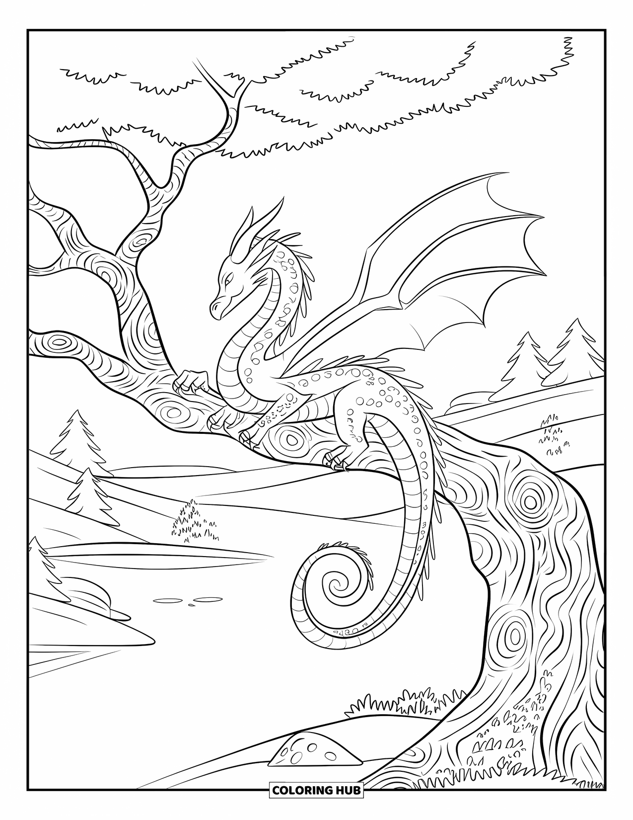 Dibujo de dragón para colorear para adultos: Un dragón descansa en una rama de árbol retorcida, con vistas a colinas ondulantes y un lago tranquilo