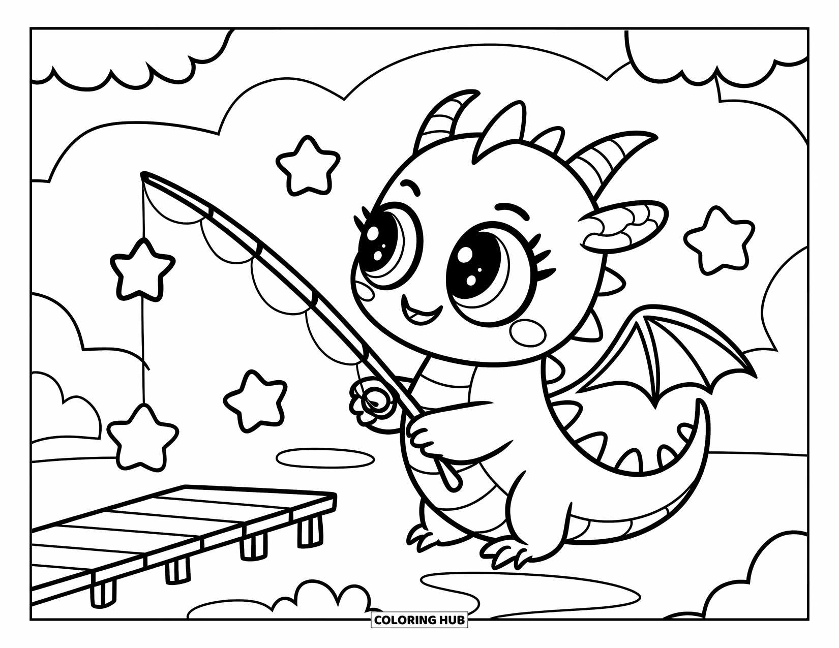 Dibujo de dragón para colorear para adultos: Un dragón en un muelle de madera pesca estrellas, rodeado de nubes de ensueño y un lago sereno