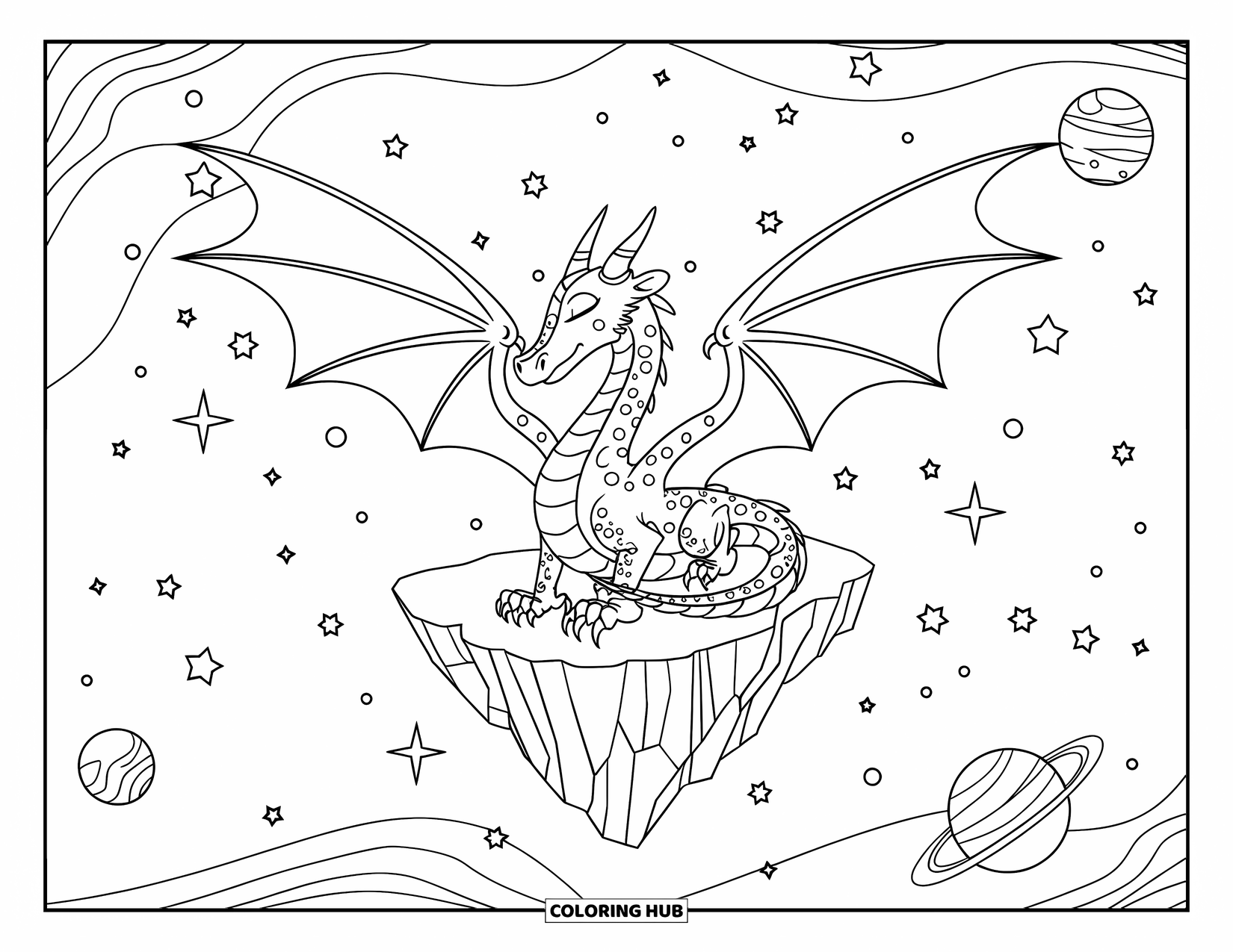 Dibujo de dragón para colorear para adultos: Un dragón se posa en una roca flotante, rodeado de estrellas, planetas y patrones cósmicos