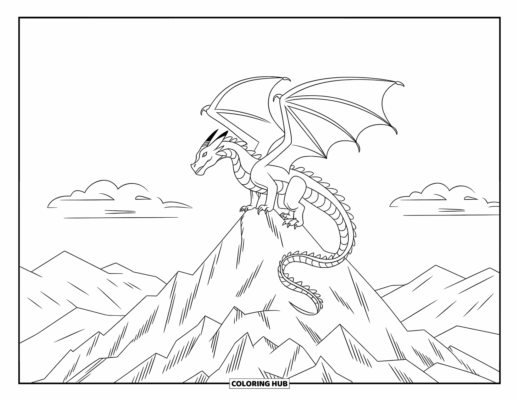 Dibujo de dragón para colorear para adultos: Un dragón se posa en un pico de montaña irregular, con sus alas extendidas mientras su cola serpentea abajo