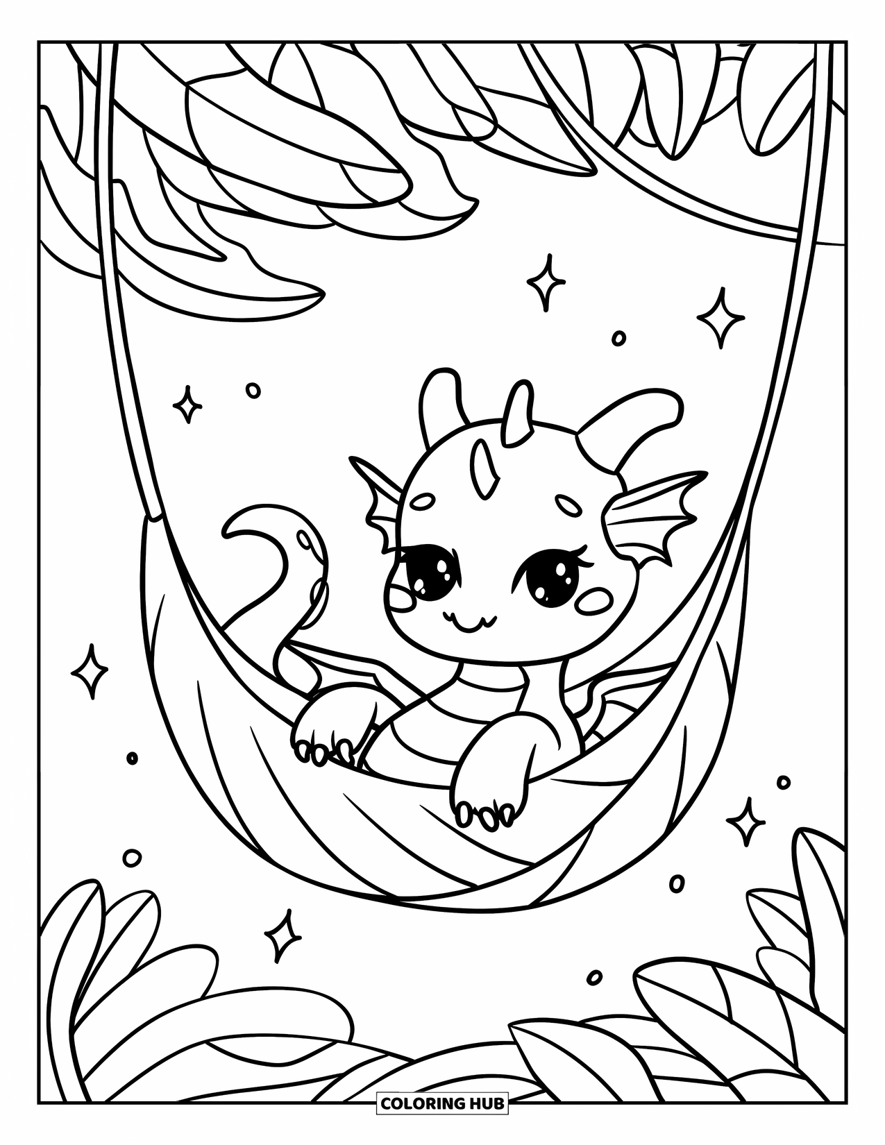 Dibujo de dragón para colorear para adultos: Un dragón descansa en una hamaca de hojas, rodeado de destellos flotantes y energía pacífica