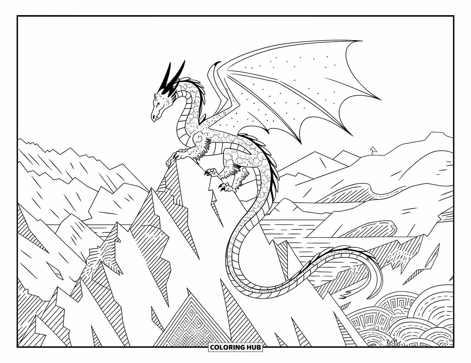 Dibujo de dragón para colorear para adultos: Un dragón descansa en una imponente montaña, rodeado de valles, ríos y picos distantes