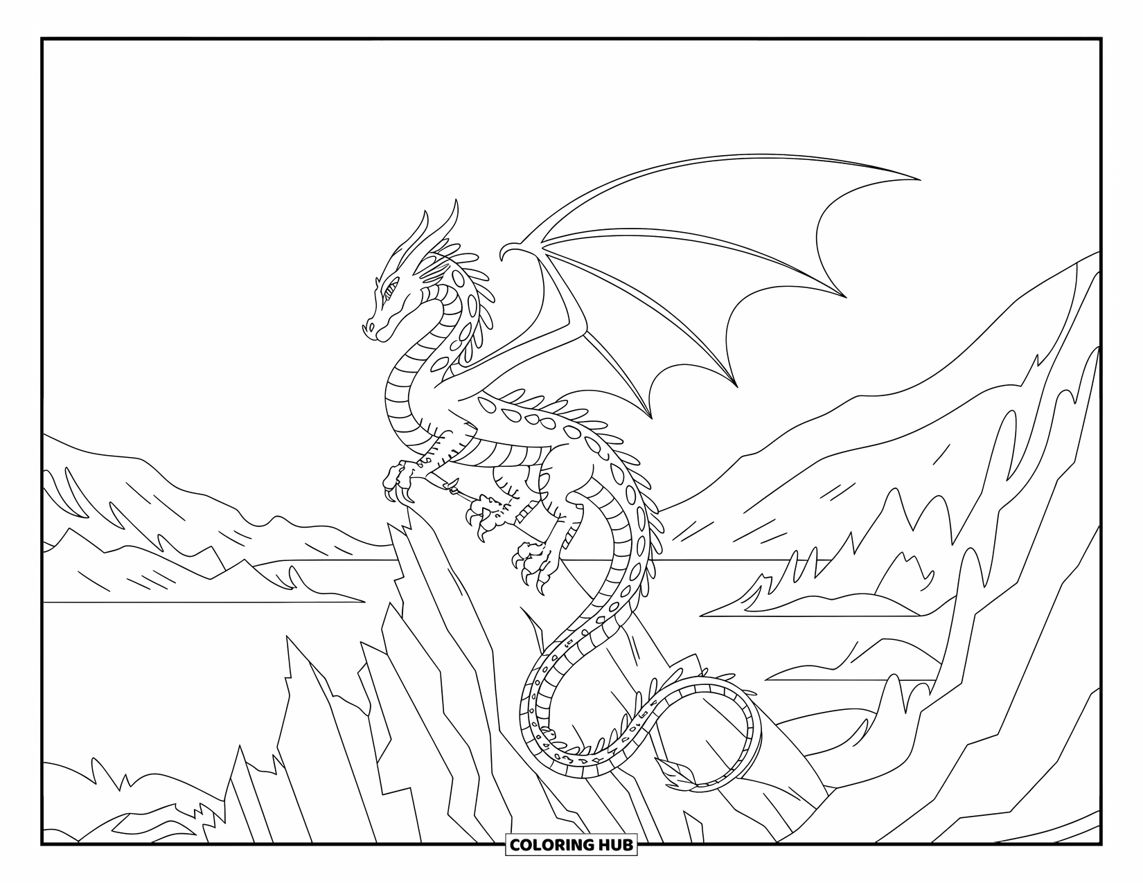 Dibujo de dragón para colorear para adultos: Un dragón se sienta en la cima de un pico rocoso, con vistas a un lago sereno y una exuberante vegetación