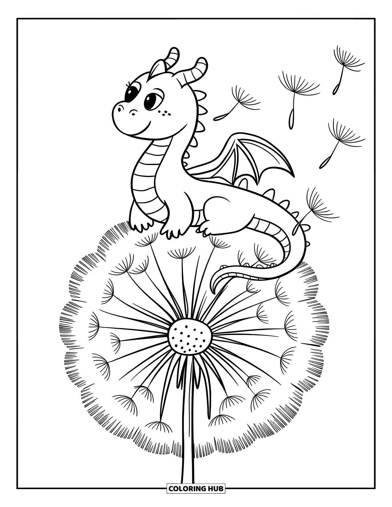 Dibujo de dragón para colorear para adultos: Un dragón se sienta en un copo de diente de león gigante, agarrándose a las semillas esponjosas que flotan en el viento