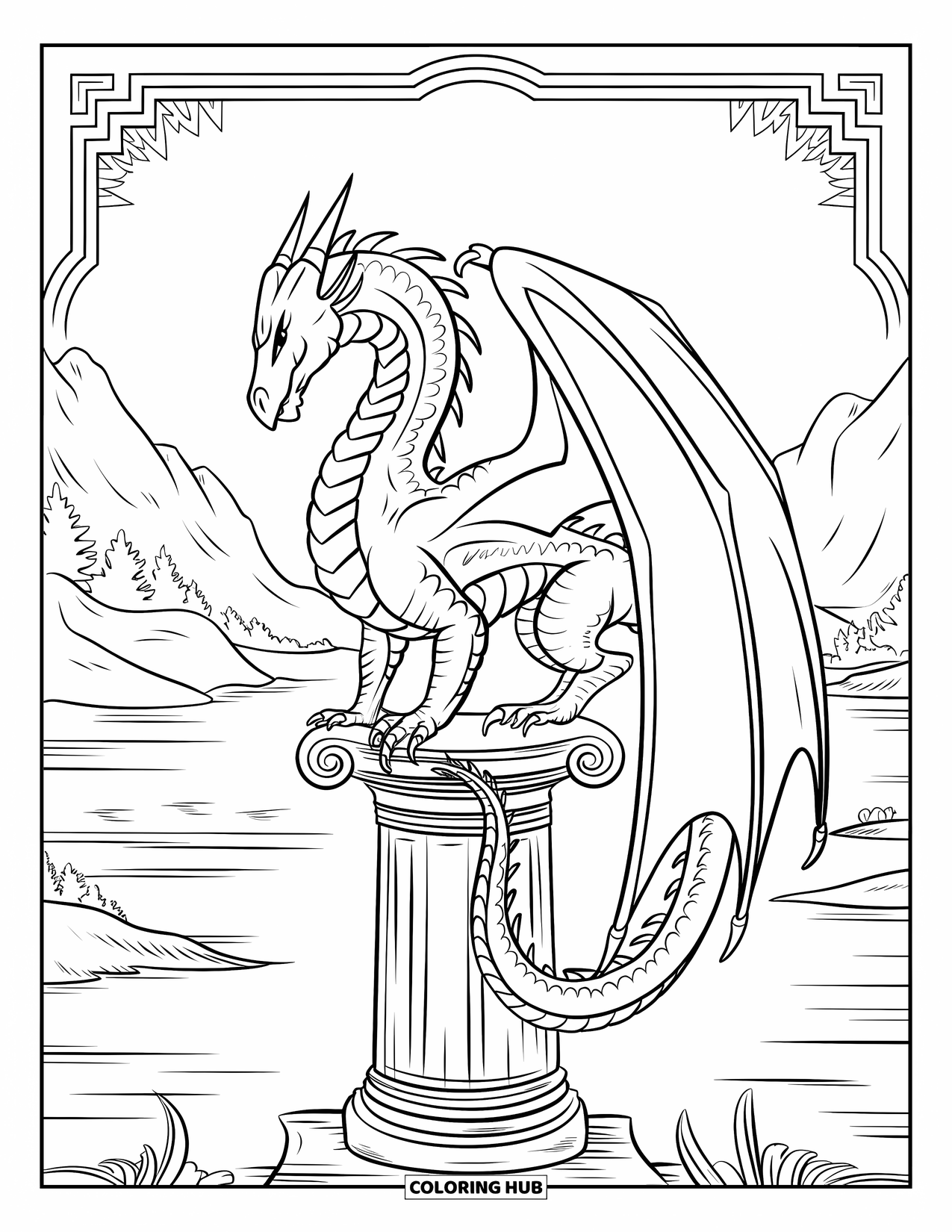 Dibujo de dragón para colorear para adultos: Un dragón se encuentra sobre un antiguo pilar de piedra, con sus alas parcialmente envueltas alrededor de la estructura